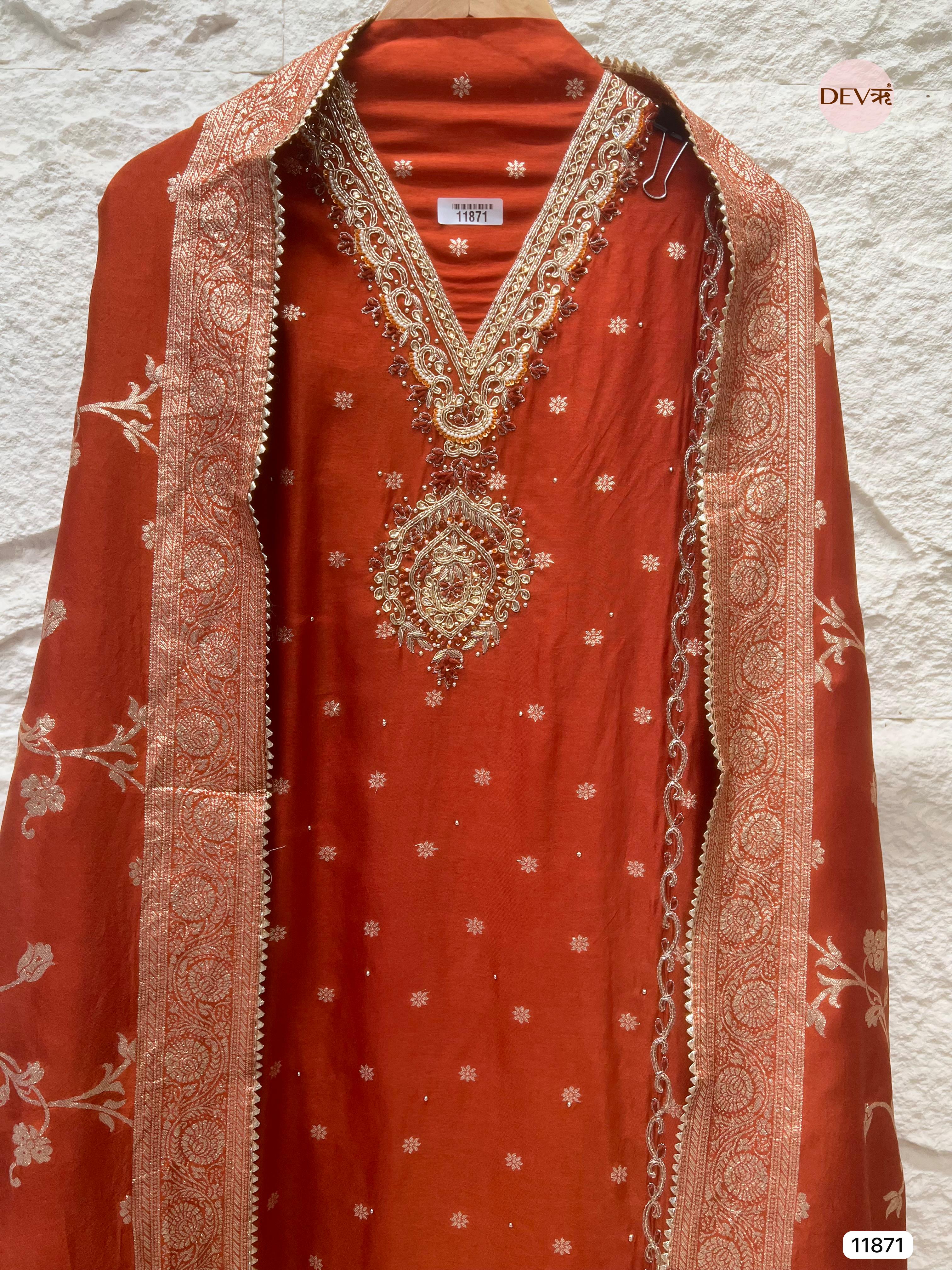 Red Pure Dola Silk Unstitched Banarasi Woven Hand Embroidered -Set Of 3- {11871}