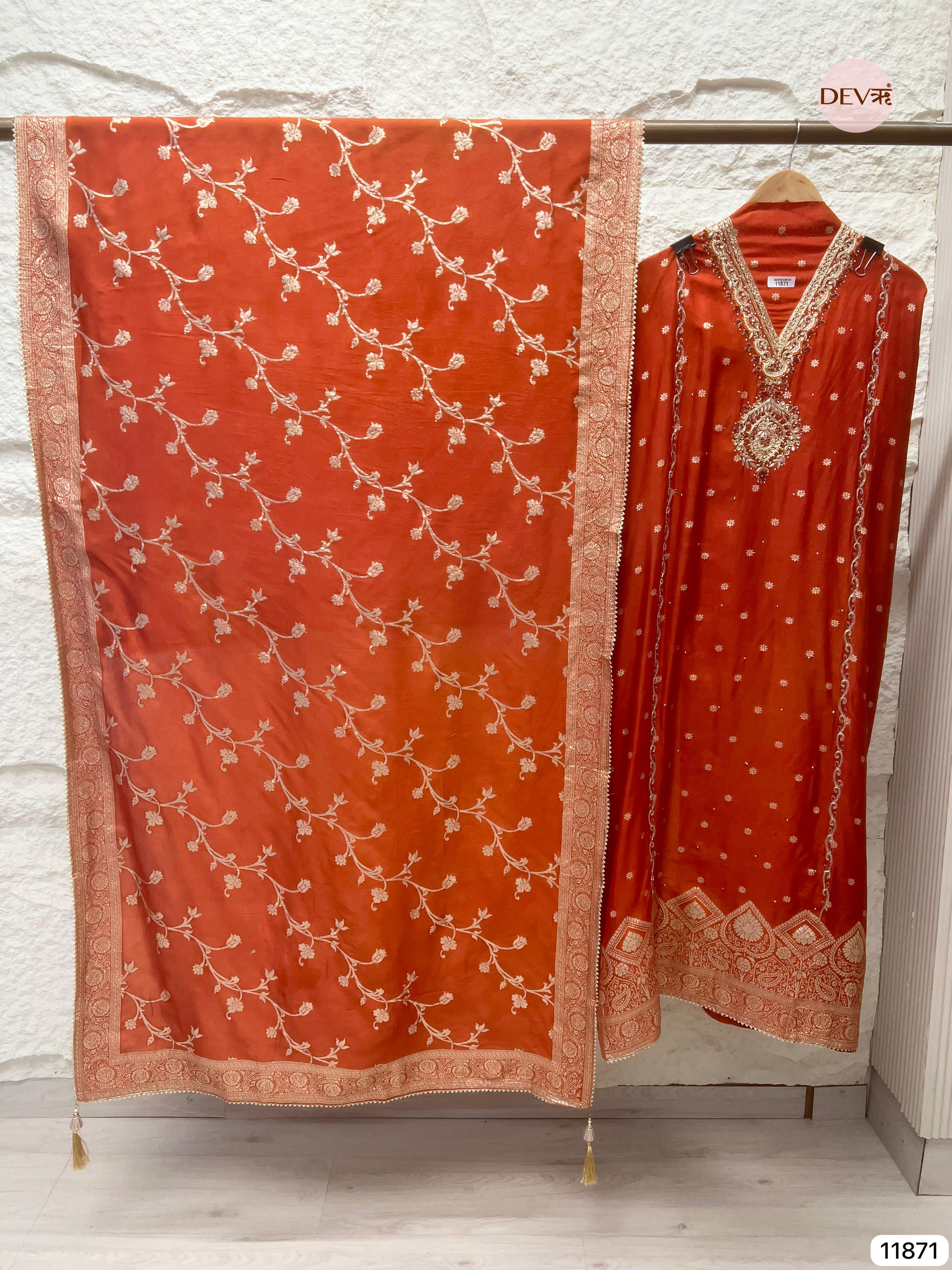 Red Pure Dola Silk Unstitched Banarasi Woven Hand Embroidered -Set Of 3- {11871}