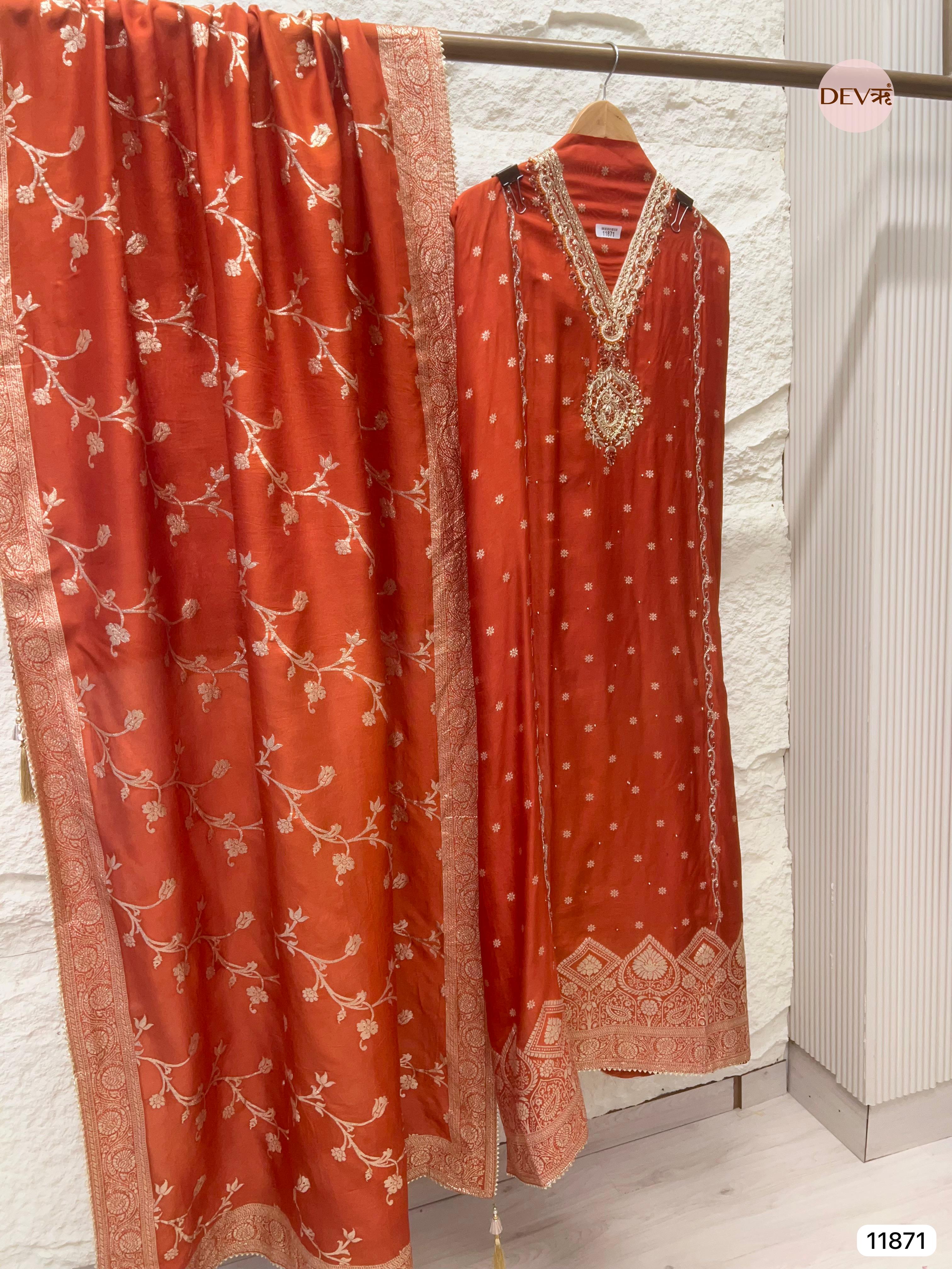 Red Pure Dola Silk Unstitched Banarasi Woven Hand Embroidered -Set Of 3- {11871}