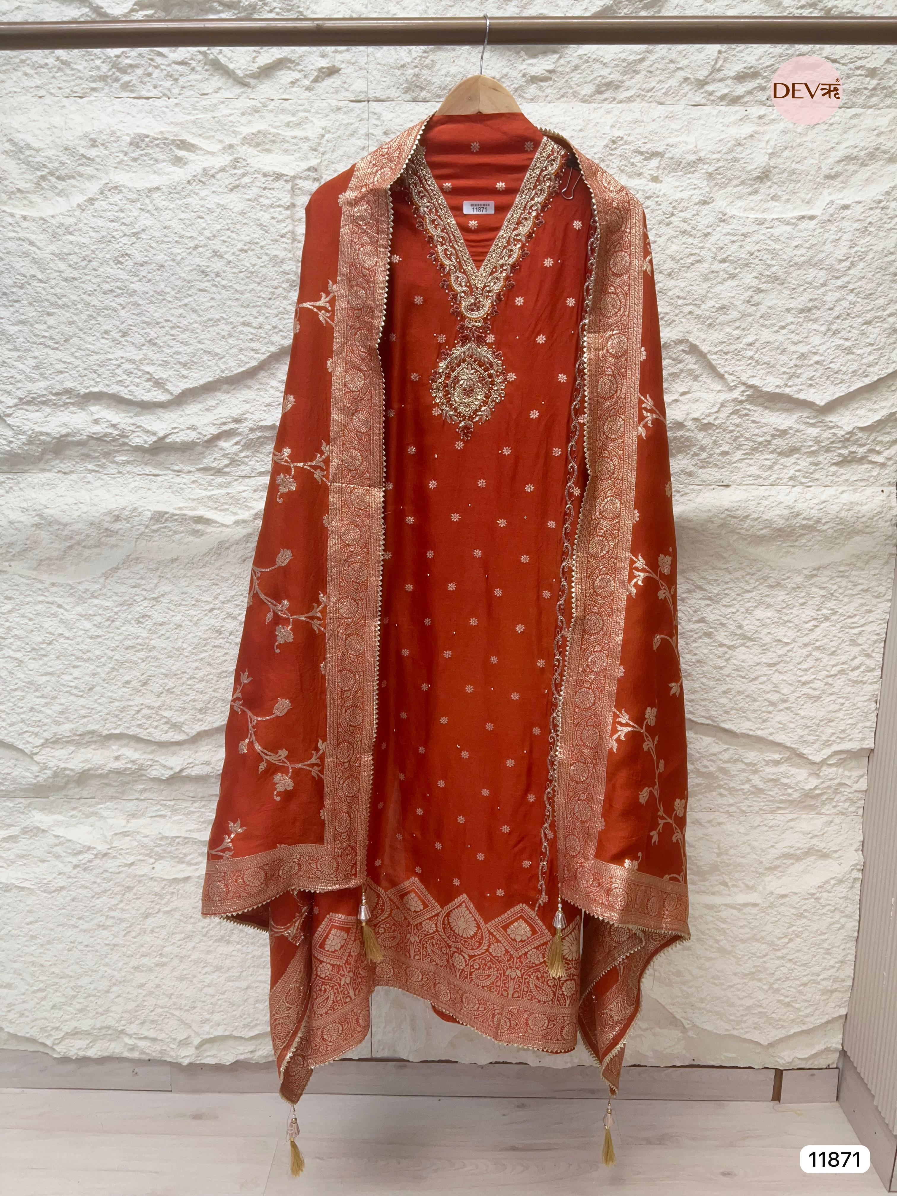Red Pure Dola Silk Unstitched Banarasi Woven Hand Embroidered -Set Of 3- {11871}