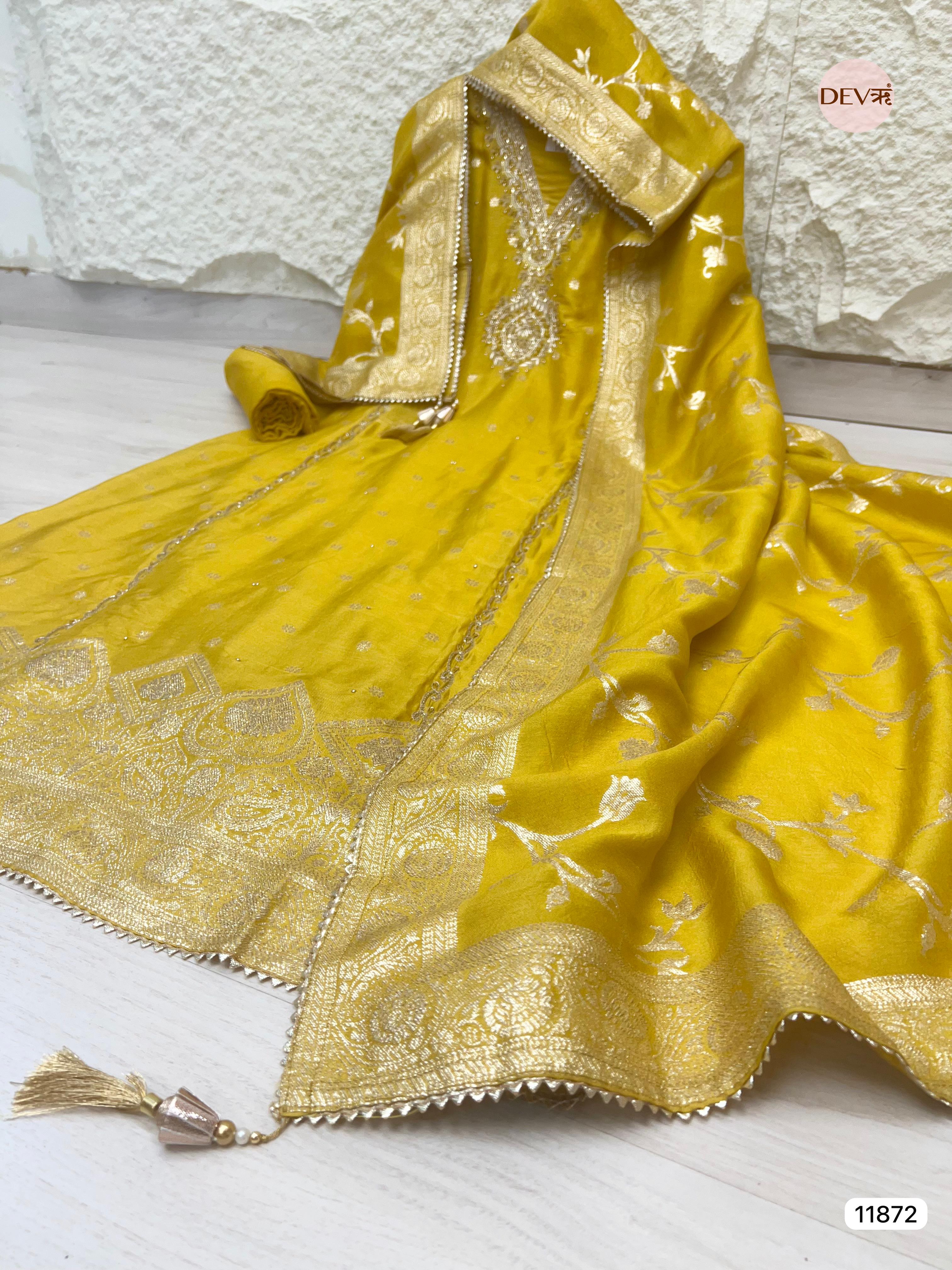 Yellow Pure Dola Silk Unstitched Banarasi Woven Hand Embroidered -Set Of 3- {11872}