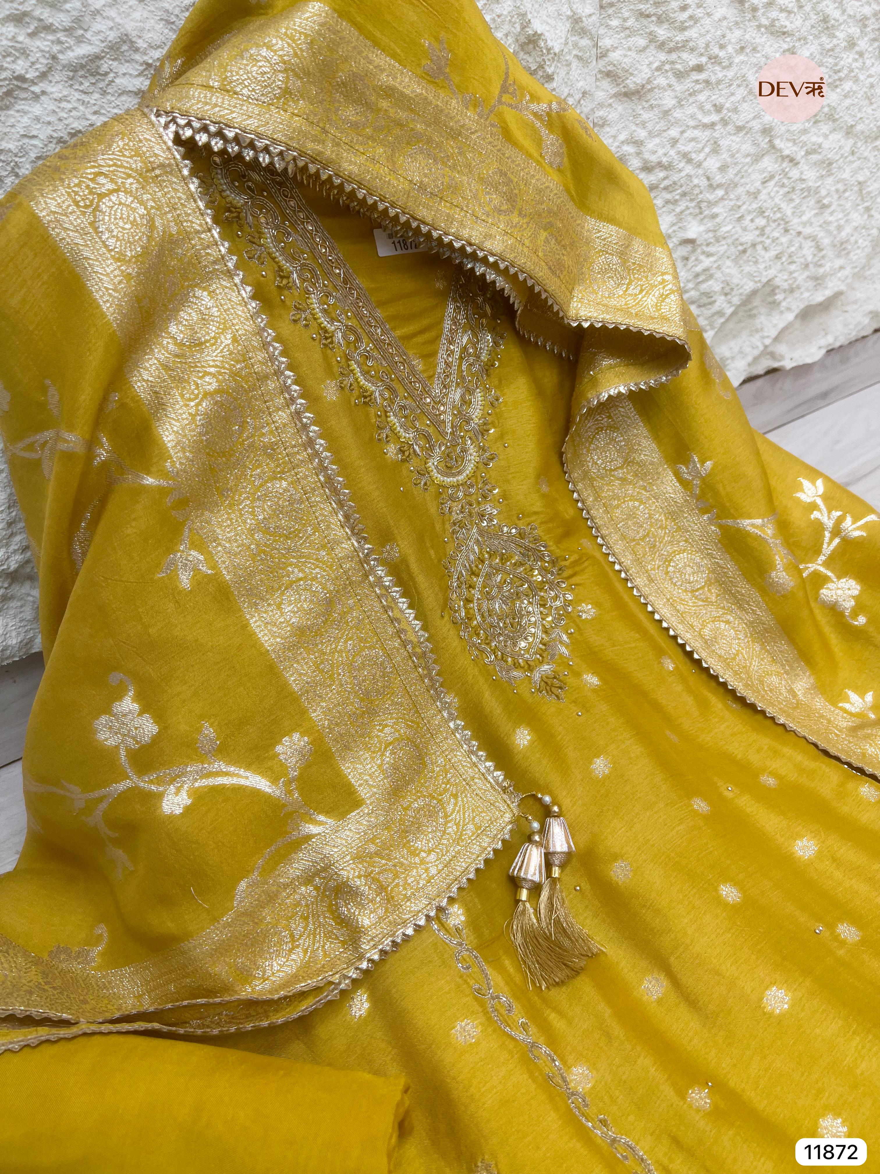 Yellow Pure Dola Silk Unstitched Banarasi Woven Hand Embroidered -Set Of 3- {11872}