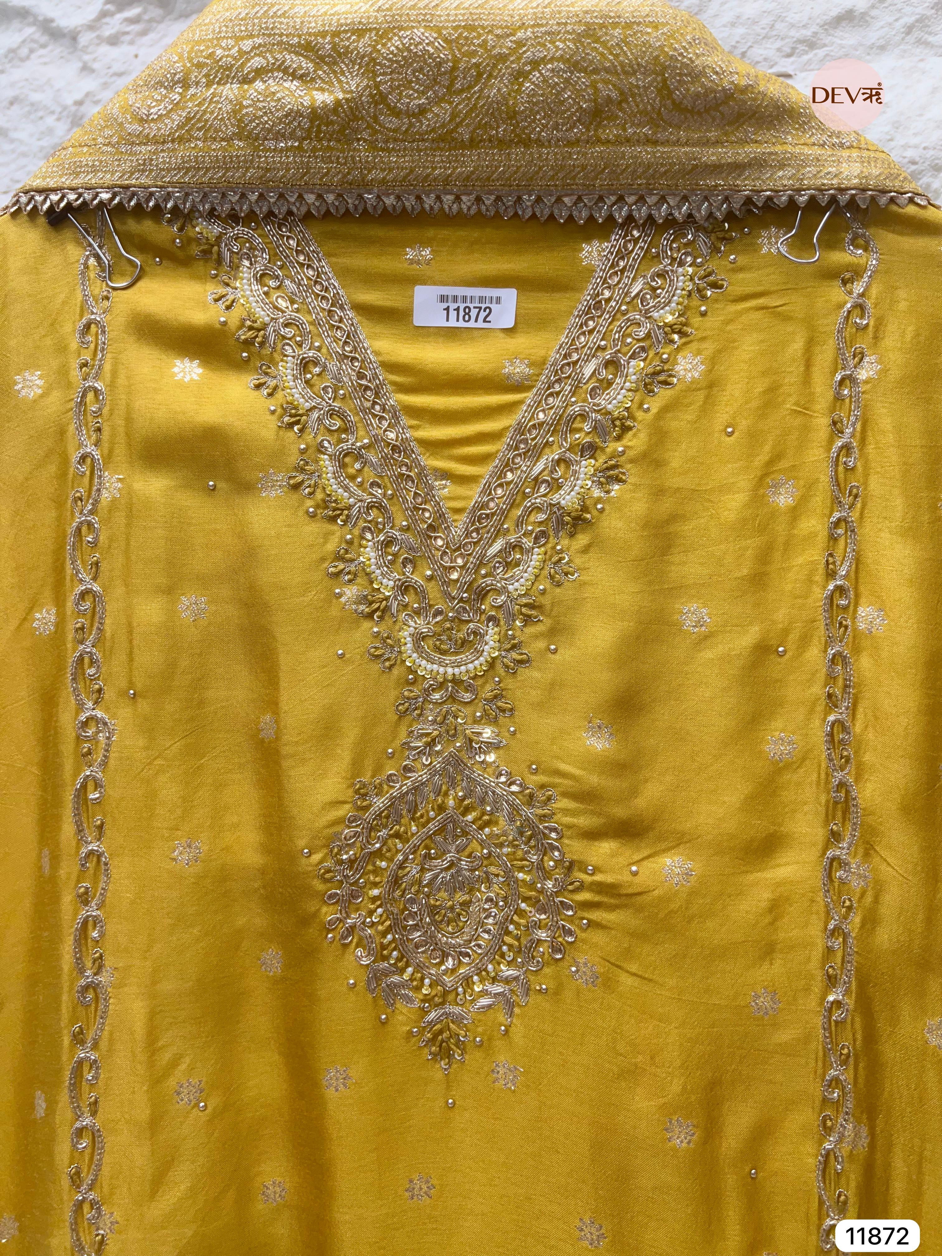 Yellow Pure Dola Silk Unstitched Banarasi Woven Hand Embroidered -Set Of 3- {11872}