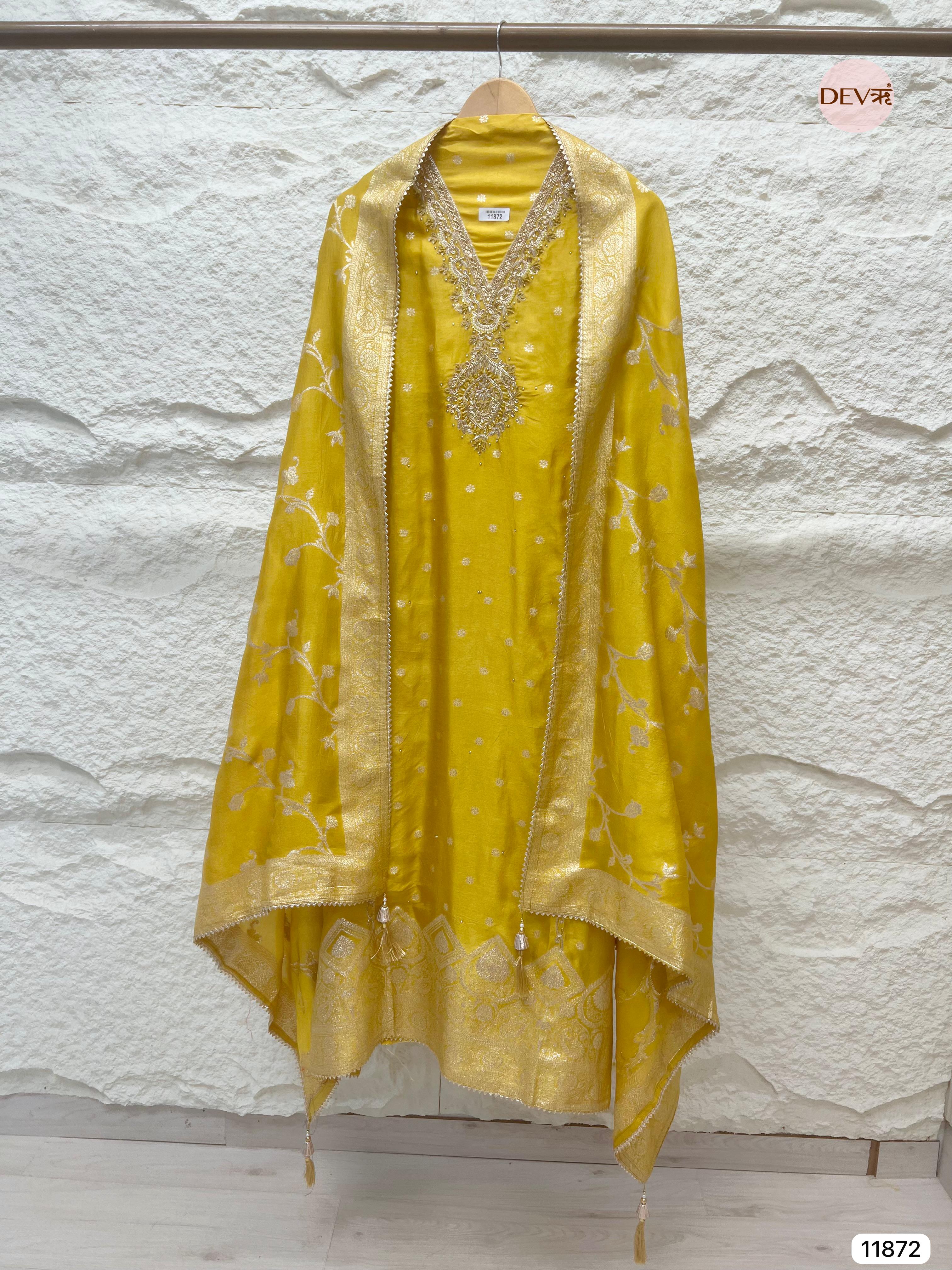 Yellow Pure Dola Silk Unstitched Banarasi Woven Hand Embroidered -Set Of 3- {11872}