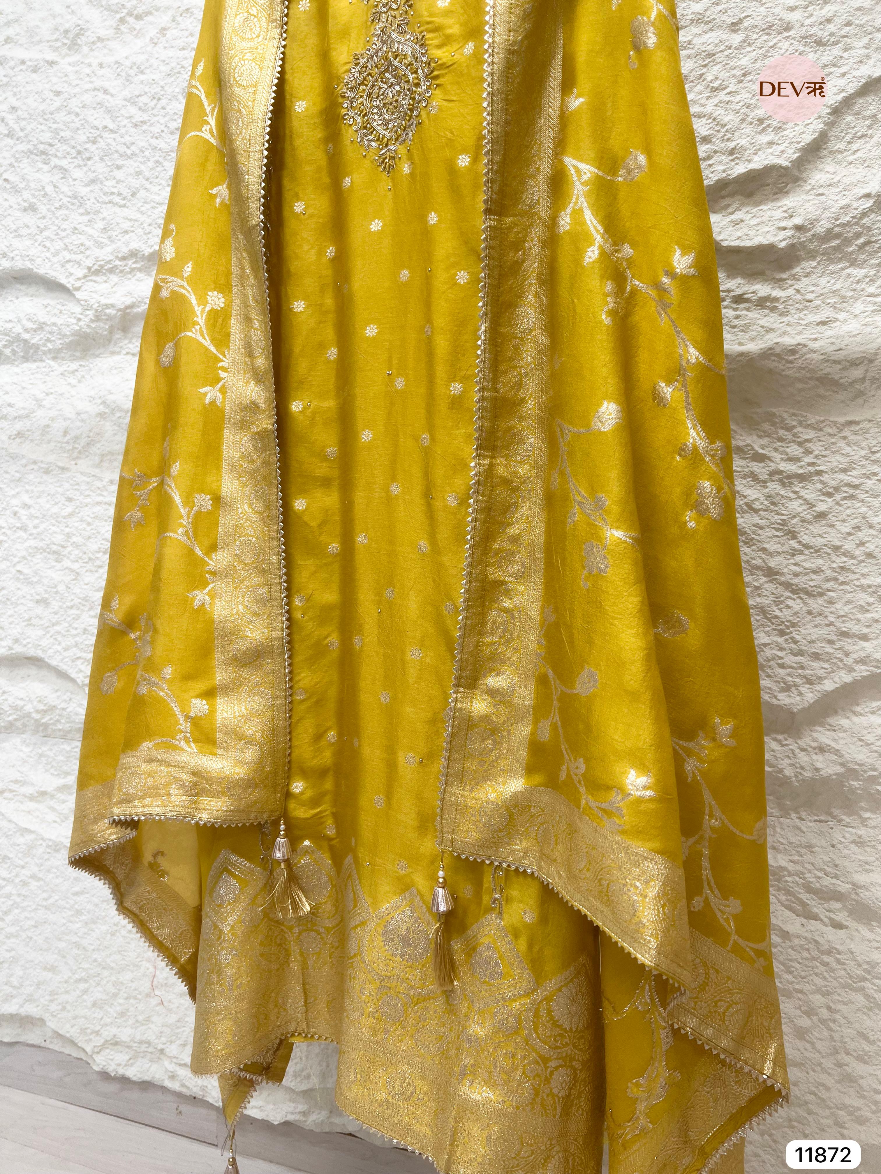 Yellow Pure Dola Silk Unstitched Banarasi Woven Hand Embroidered -Set Of 3- {11872}