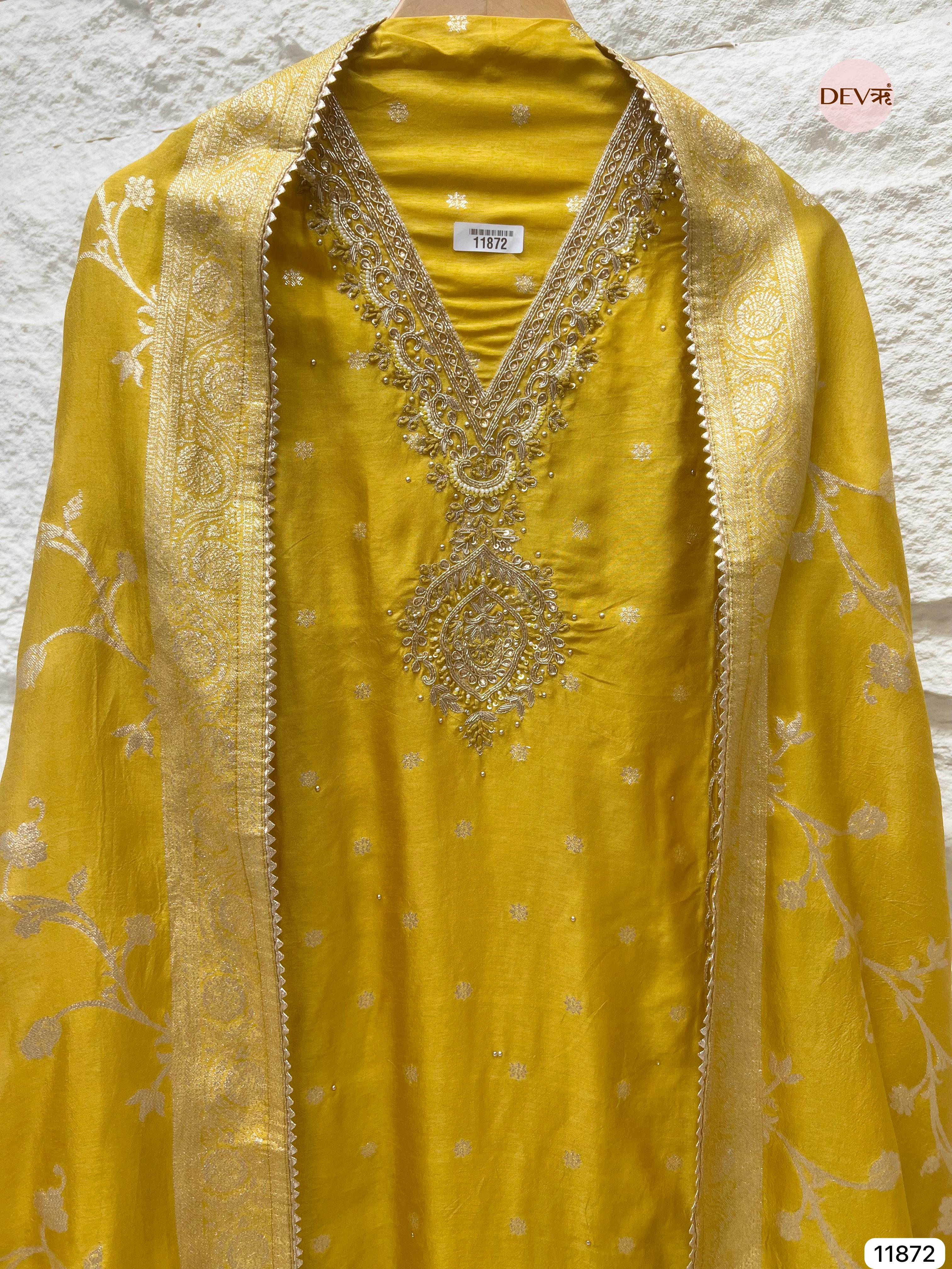 Yellow Pure Dola Silk Unstitched Banarasi Woven Hand Embroidered -Set Of 3- {11872}