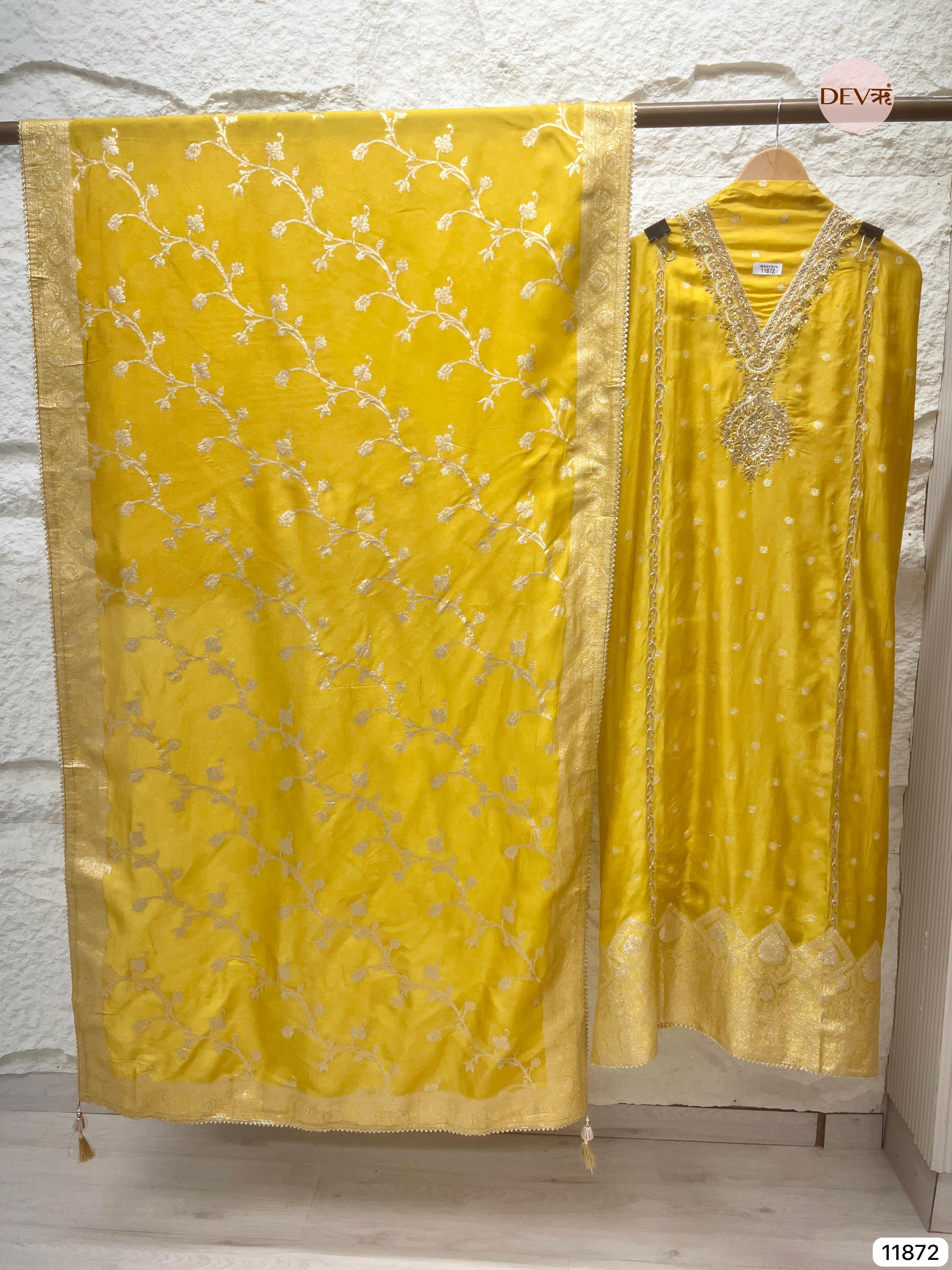 Yellow Pure Dola Silk Unstitched Banarasi Woven Hand Embroidered -Set Of 3- {11872}