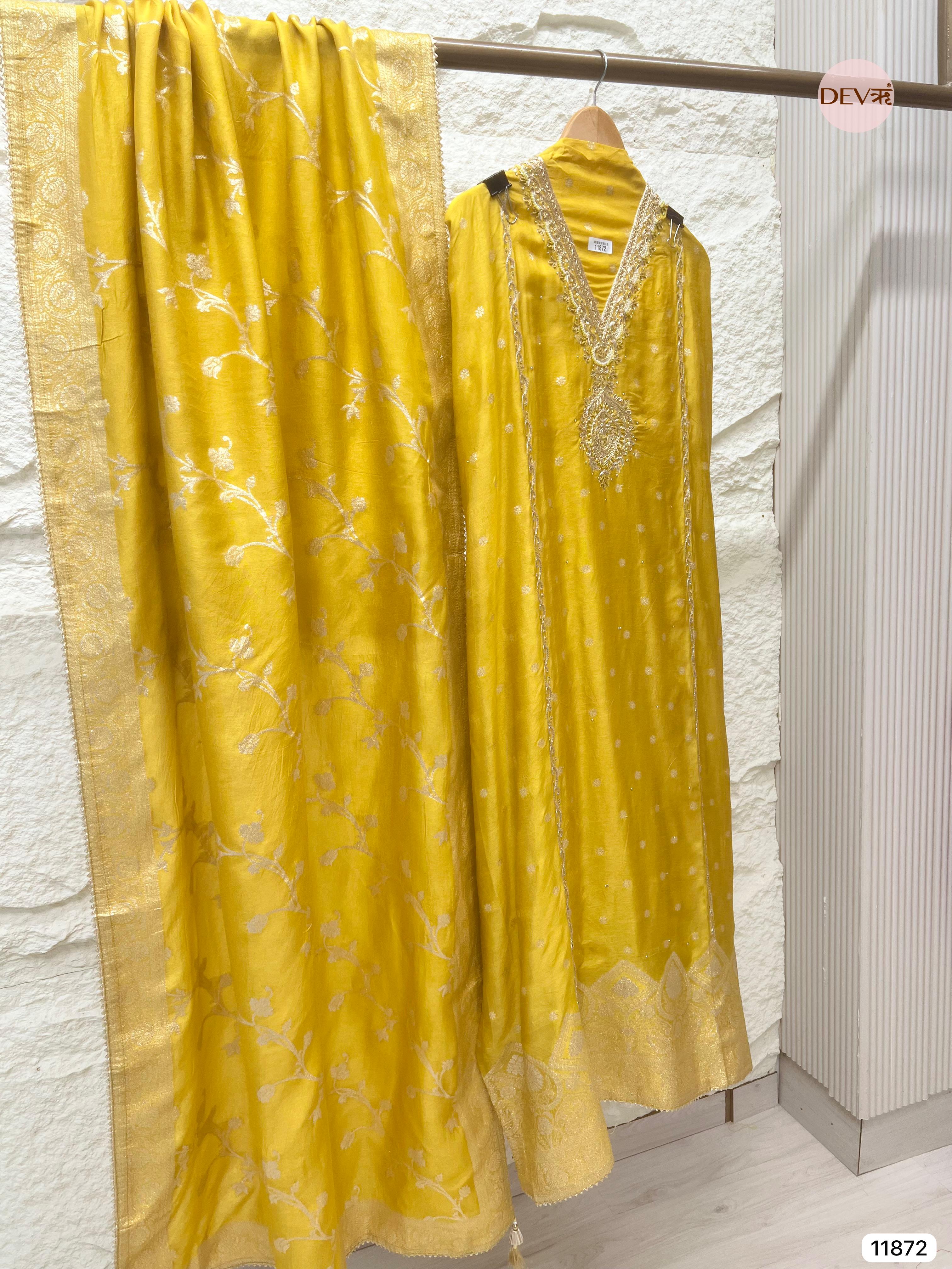Yellow Pure Dola Silk Unstitched Banarasi Woven Hand Embroidered -Set Of 3- {11872}