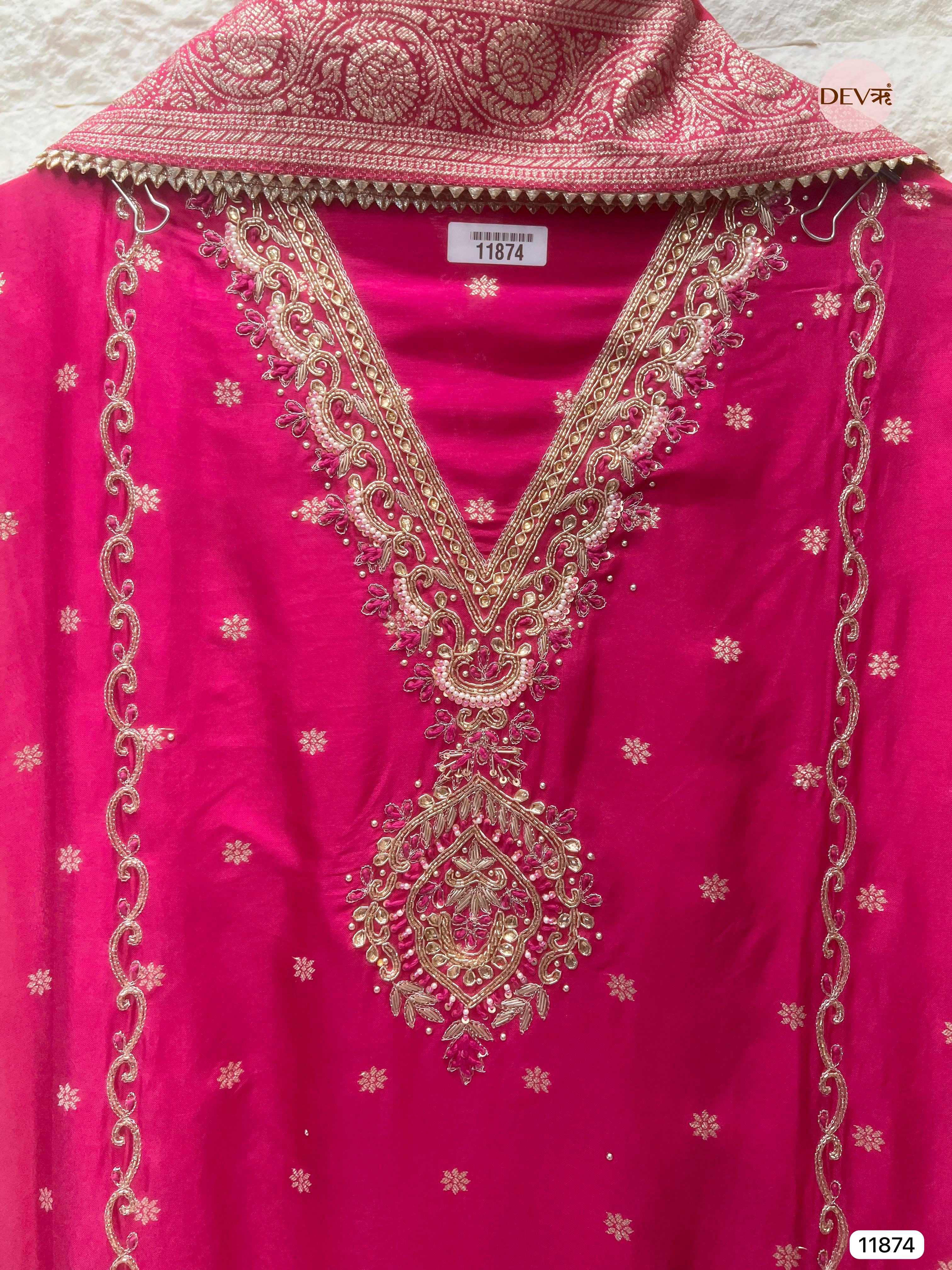 Pink Pure Dola Silk Unstitched Banarasi Woven Hand Embroidered -Set Of 3 - {11874}