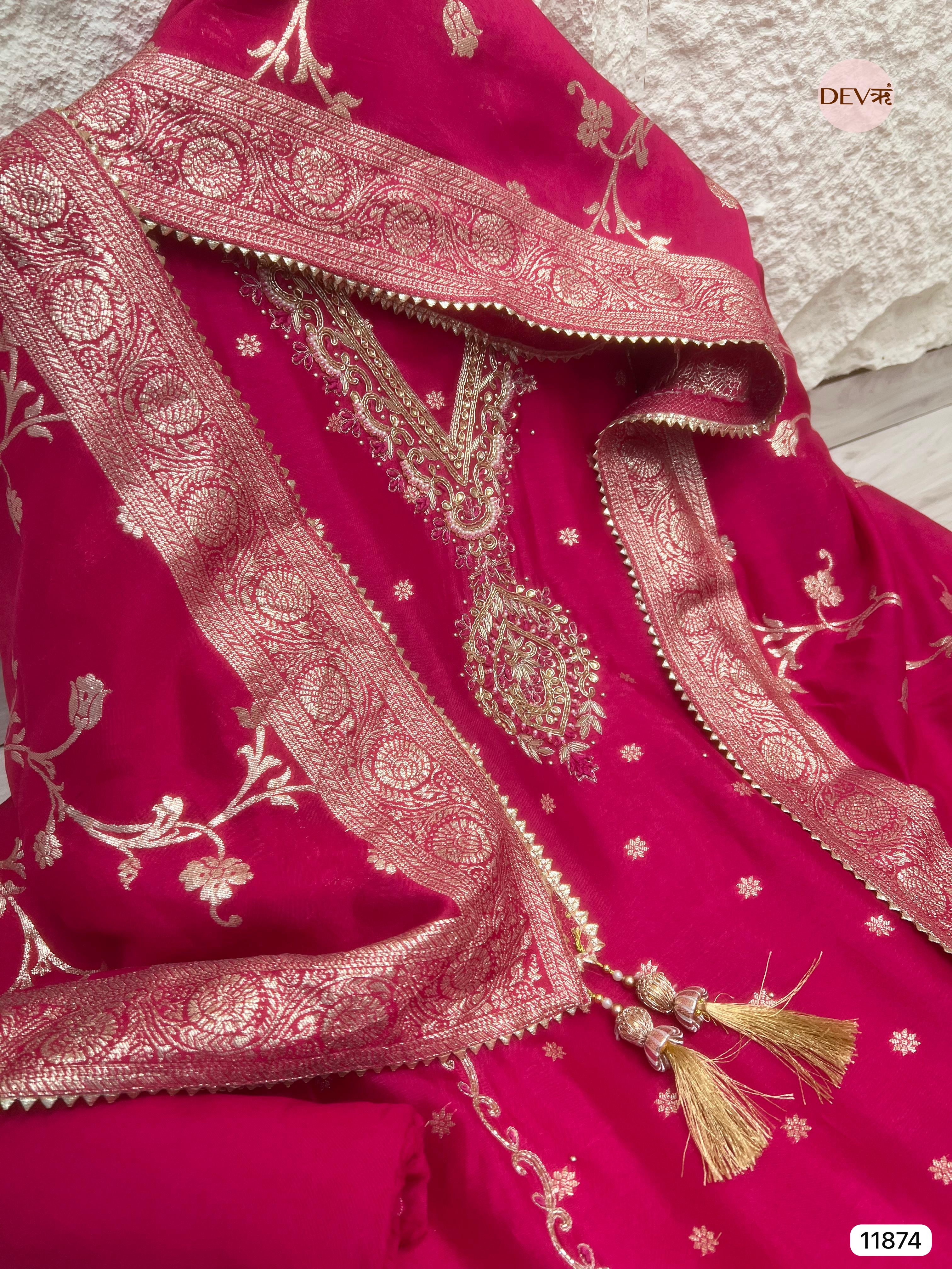 Pink Pure Dola Silk Unstitched Banarasi Woven Hand Embroidered -Set Of 3 - {11874}