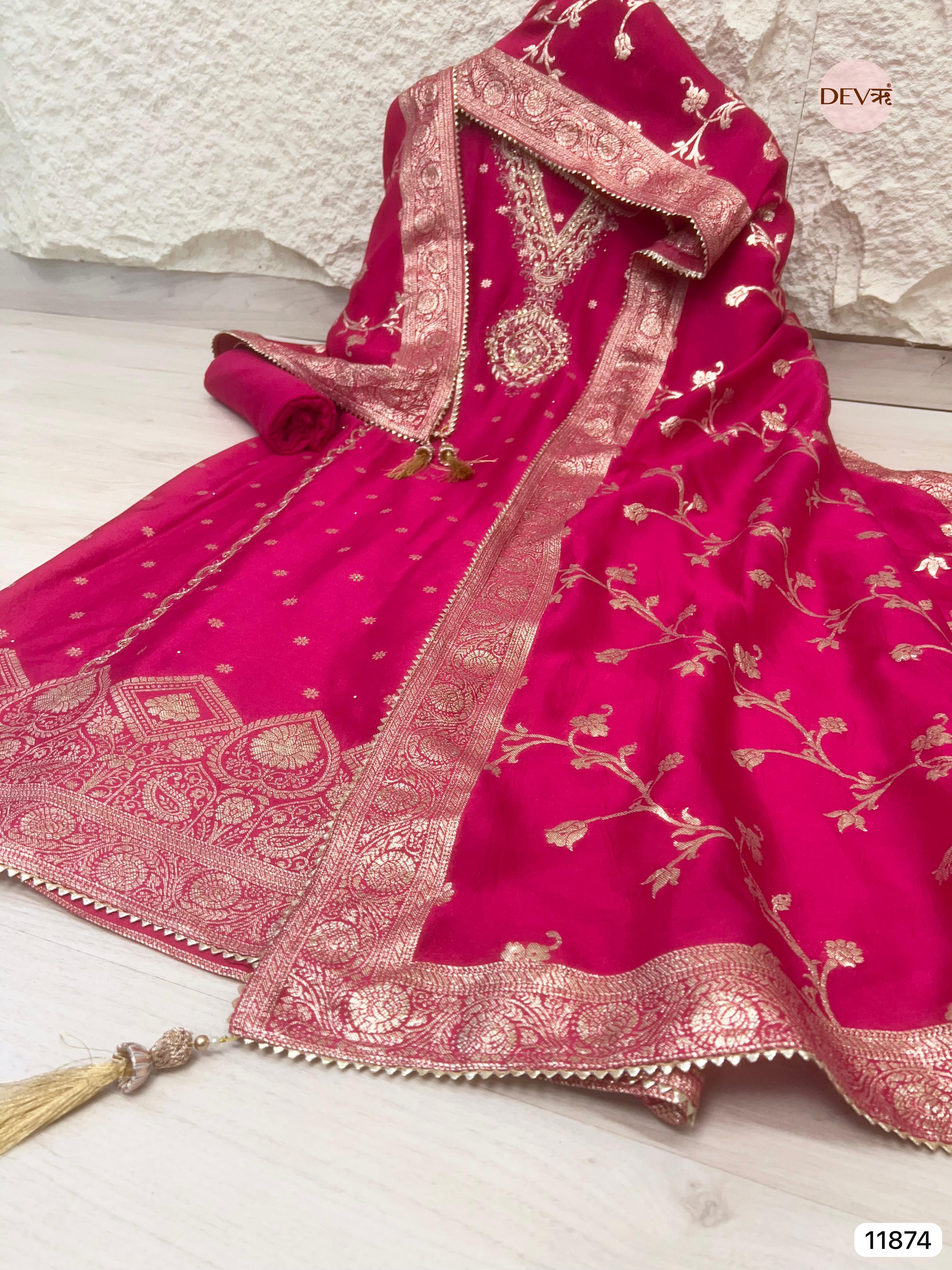 Pink Pure Dola Silk Unstitched Banarasi Woven Hand Embroidered -Set Of 3 - {11874}