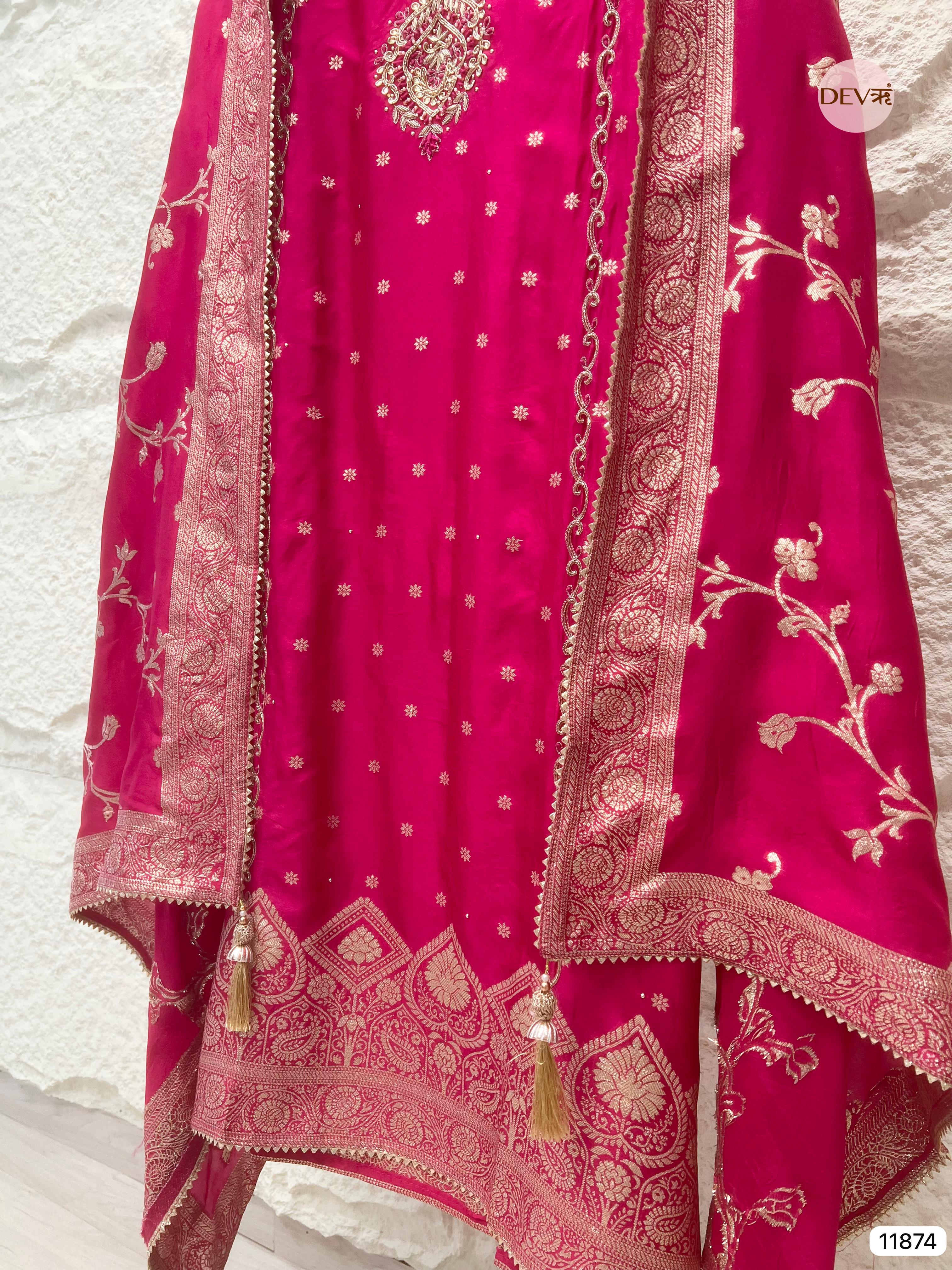 Pink Pure Dola Silk Unstitched Banarasi Woven Hand Embroidered -Set Of 3 - {11874}