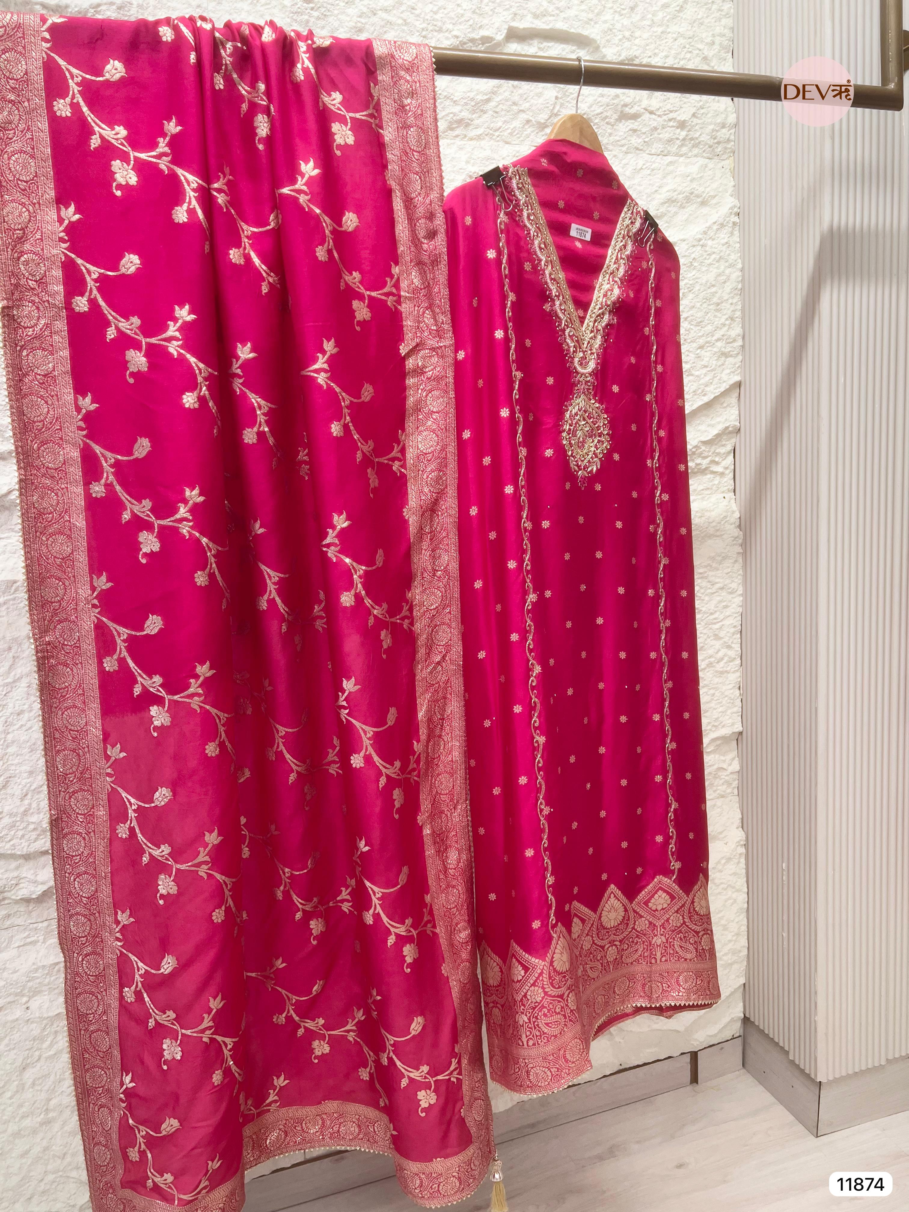 Pink Pure Dola Silk Unstitched Banarasi Woven Hand Embroidered -Set Of 3 - {11874}