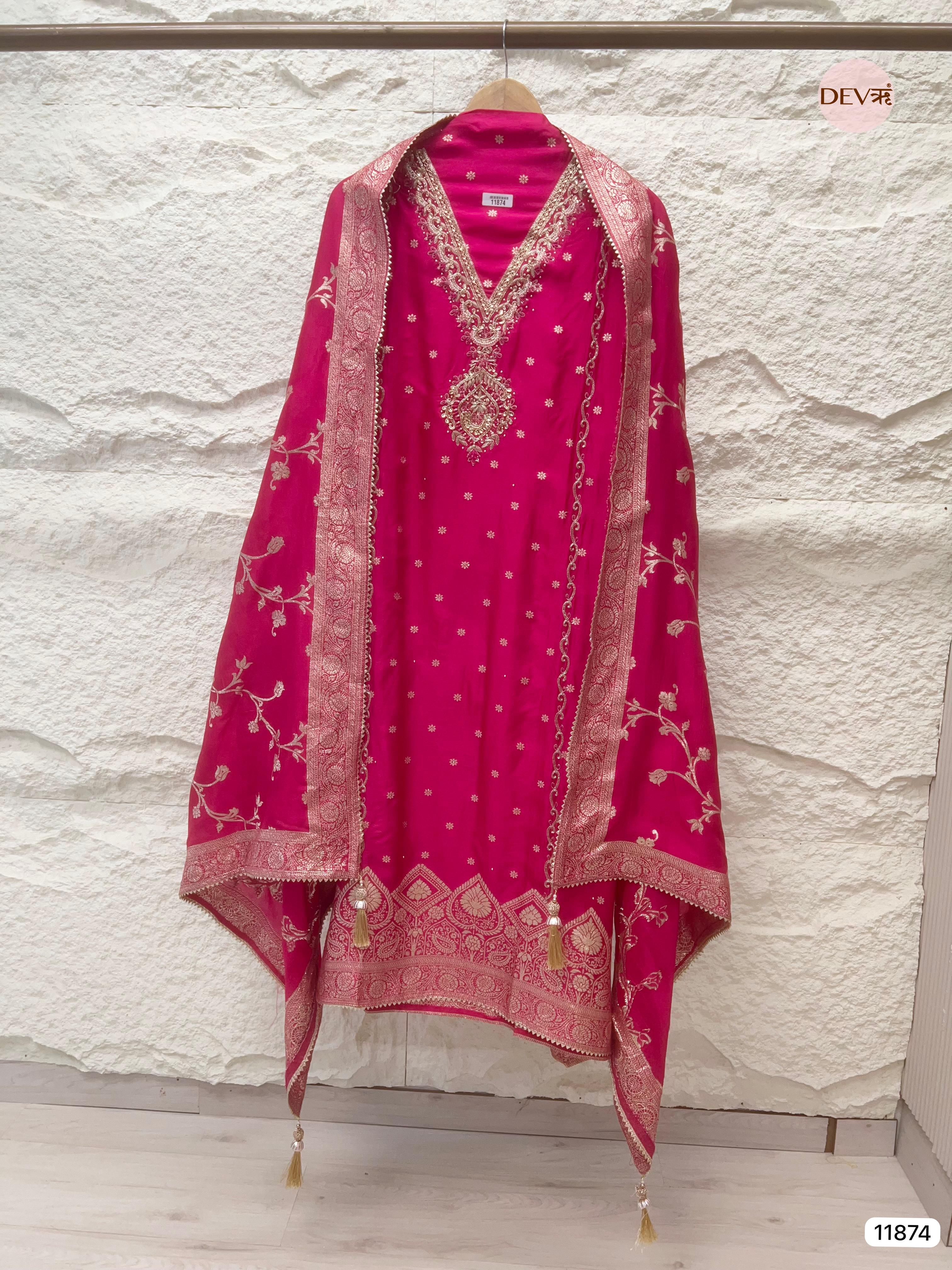 Pink Pure Dola Silk Unstitched Banarasi Woven Hand Embroidered -Set Of 3 - {11874}