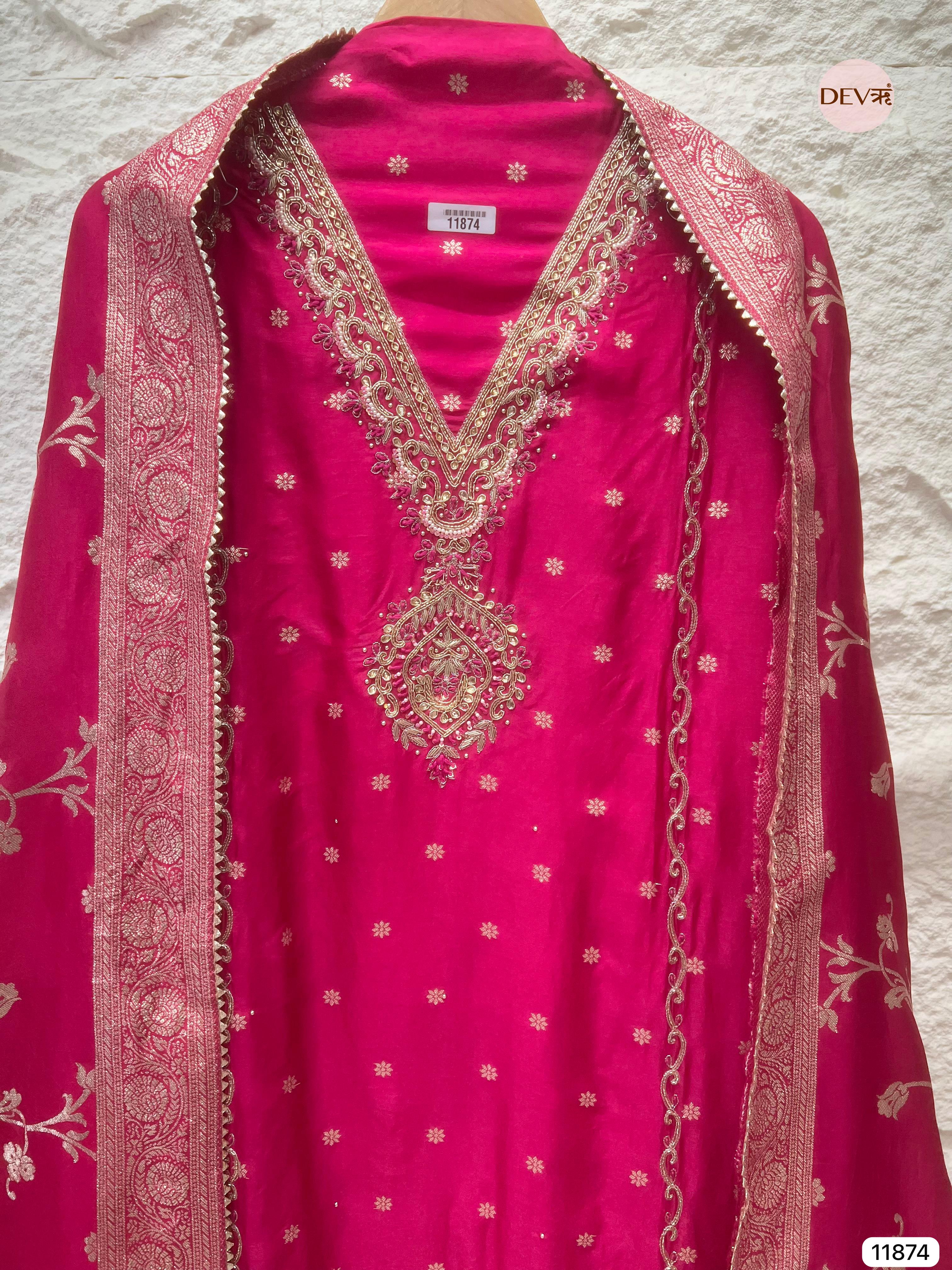 Pink Pure Dola Silk Unstitched Banarasi Woven Hand Embroidered -Set Of 3 - {11874}