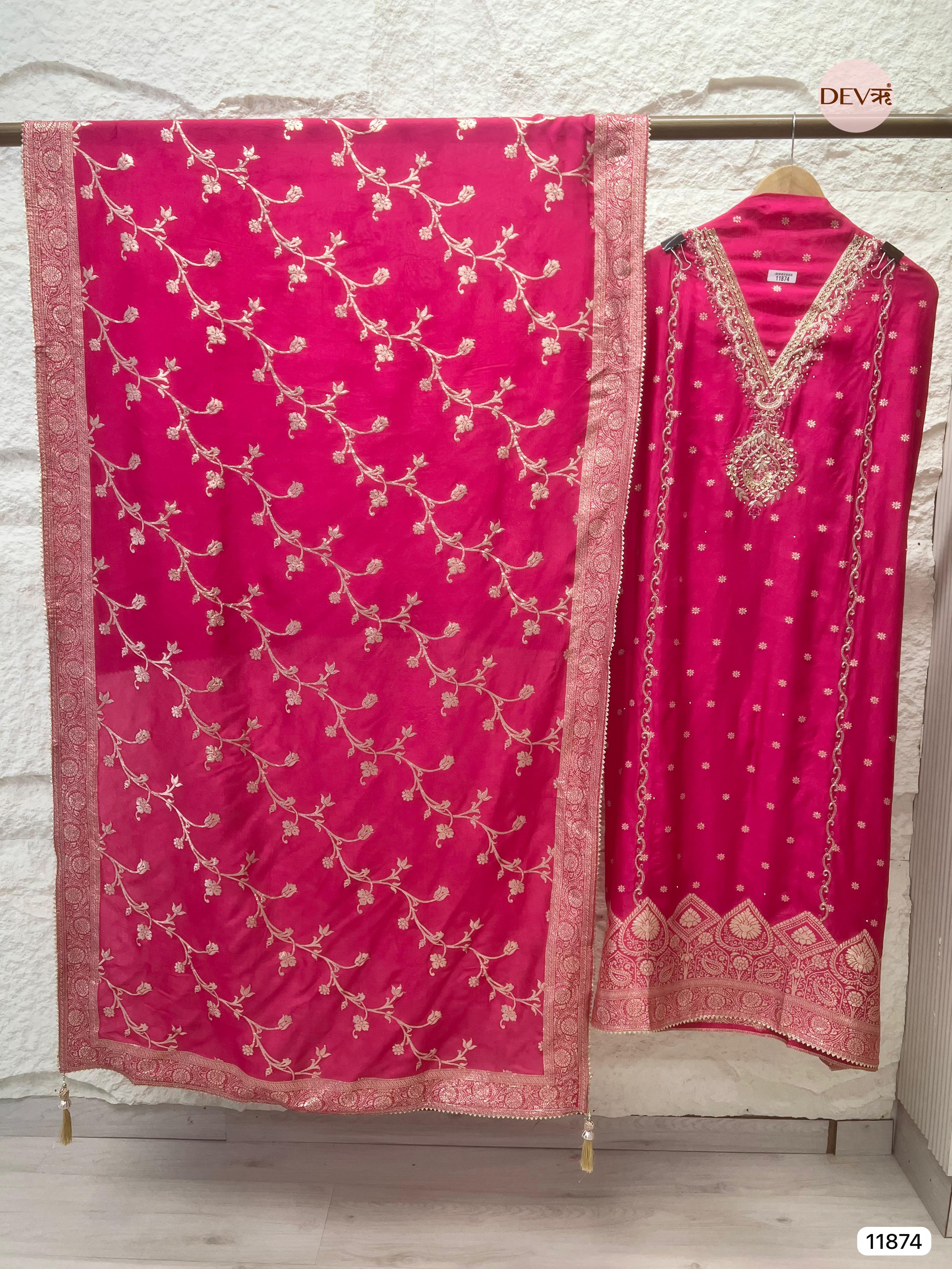 Pink Pure Dola Silk Unstitched Banarasi Woven Hand Embroidered -Set Of 3 - {11874}