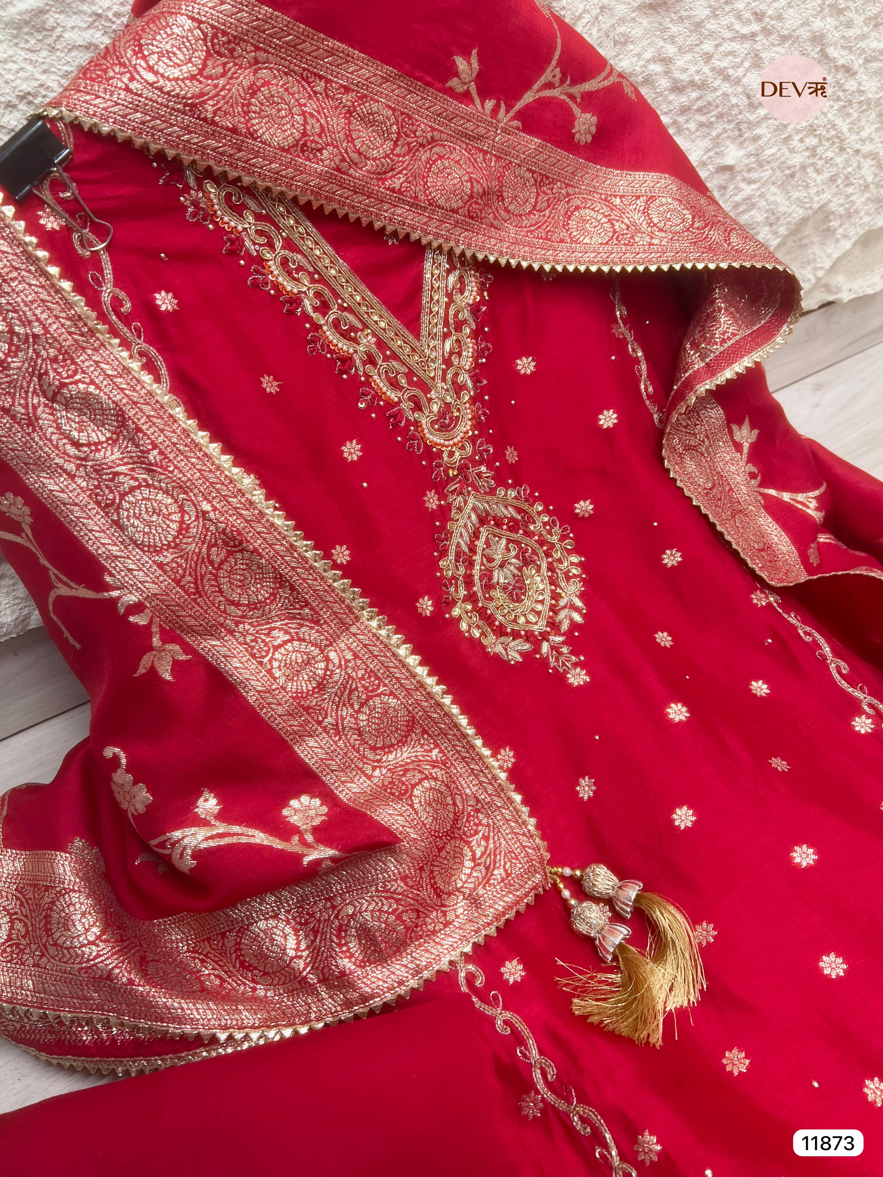 Red Pure Dola Silk Unstitched Banarasi Woven Hand Embroidered -Set Of - {11873}