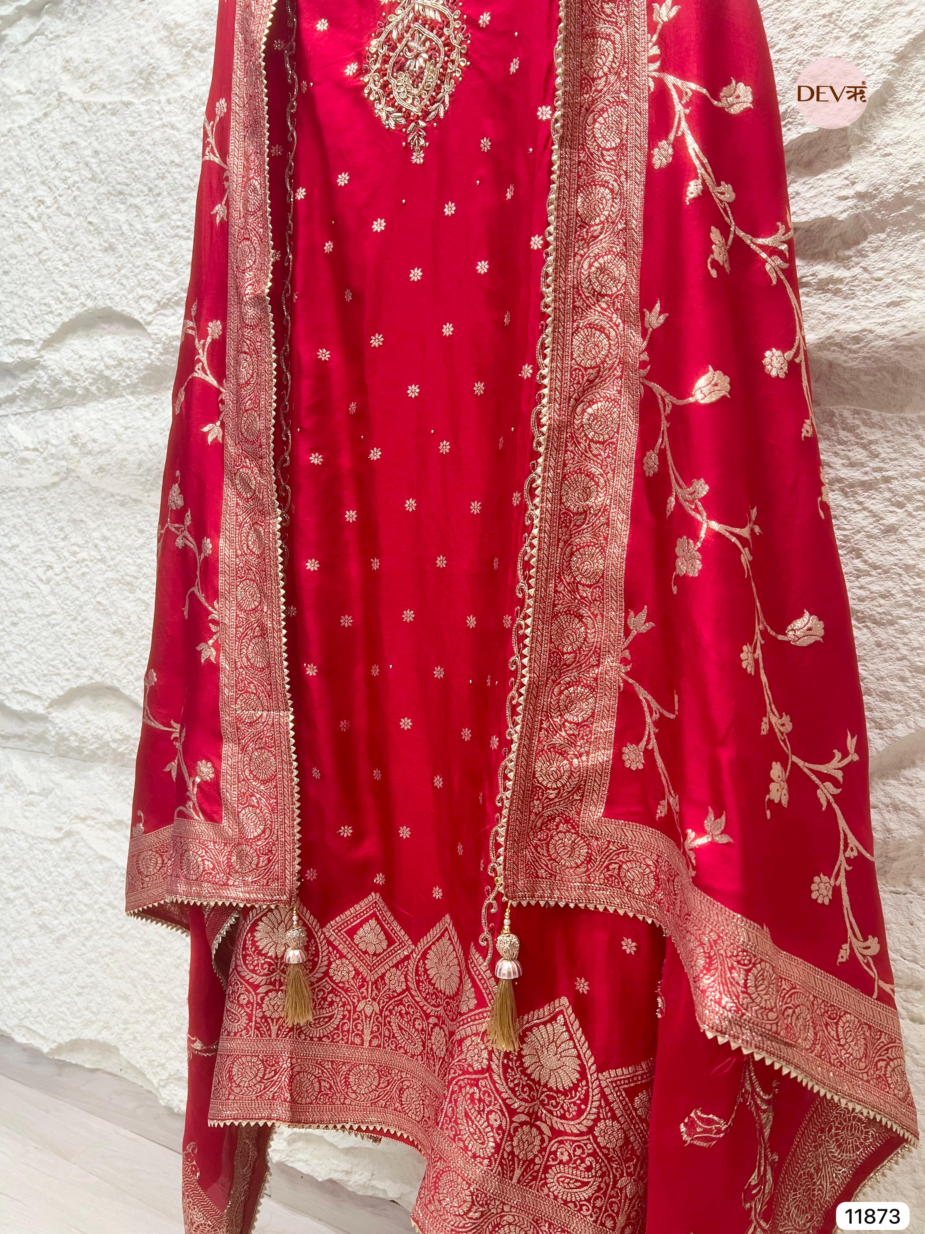 Red Pure Dola Silk Unstitched Banarasi Woven Hand Embroidered -Set Of - {11873}