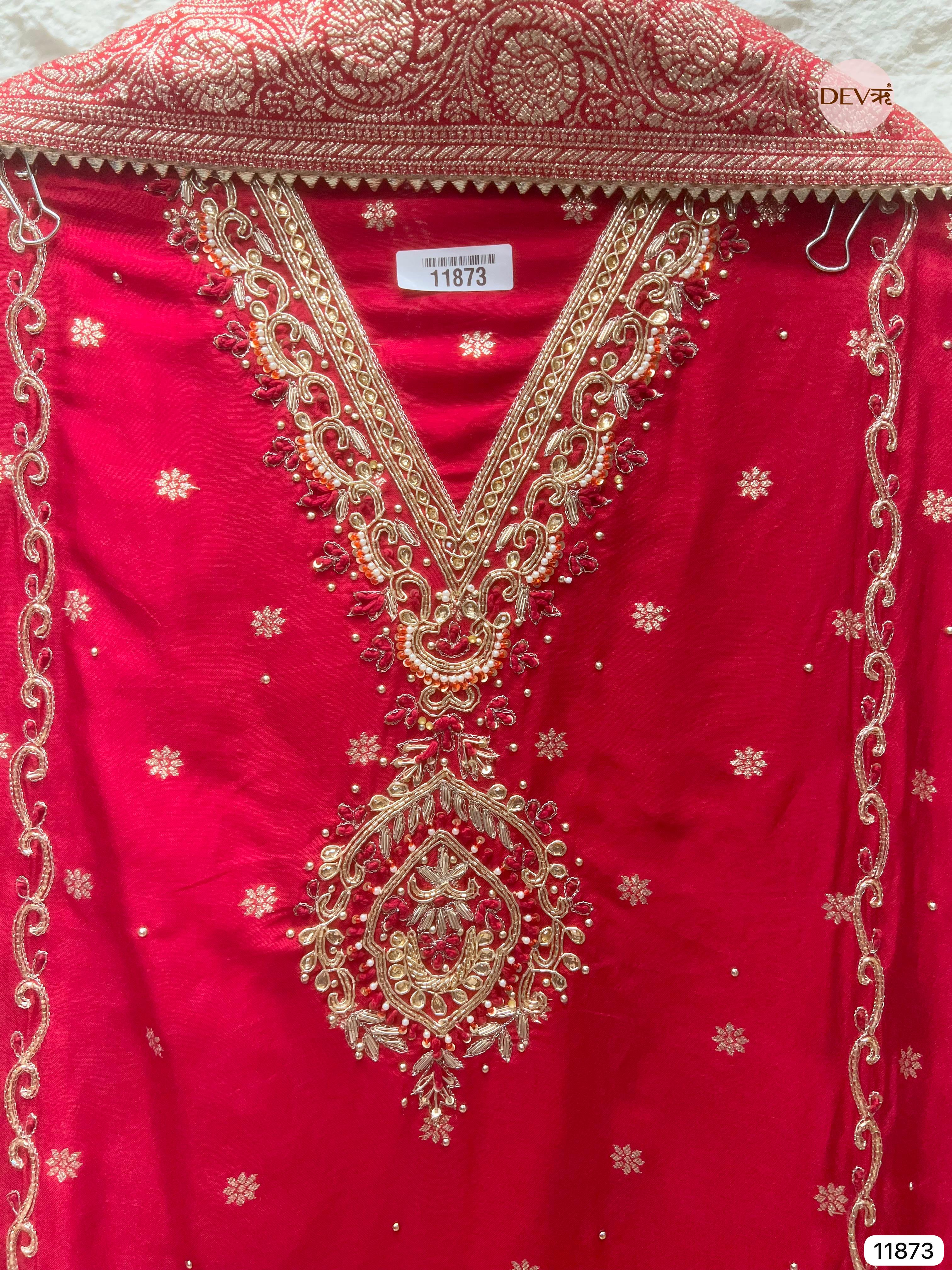 Red Pure Dola Silk Unstitched Banarasi Woven Hand Embroidered -Set Of - {11873}