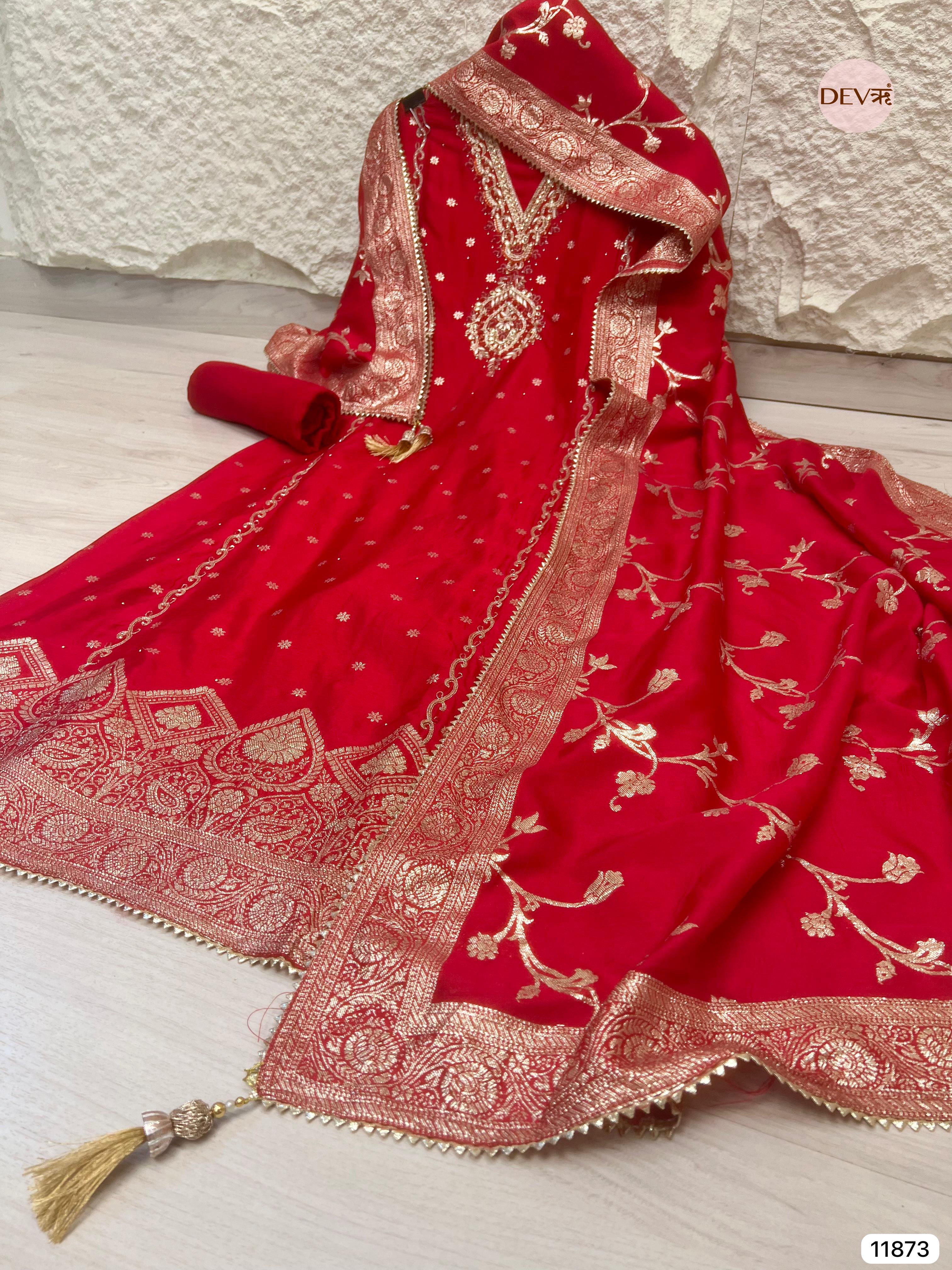 Red Pure Dola Silk Unstitched Banarasi Woven Hand Embroidered -Set Of - {11873}