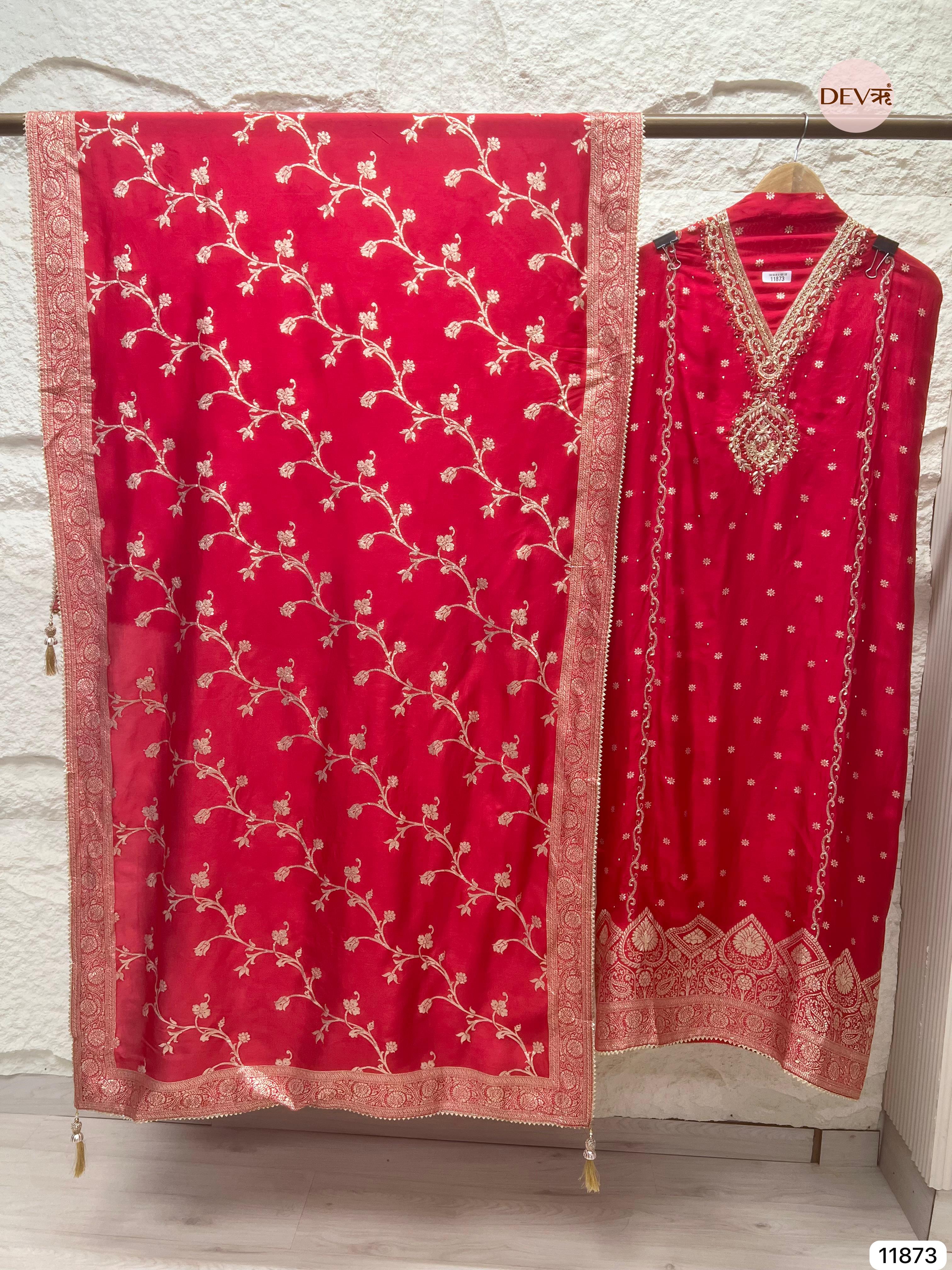 Red Pure Dola Silk Unstitched Banarasi Woven Hand Embroidered -Set Of - {11873}