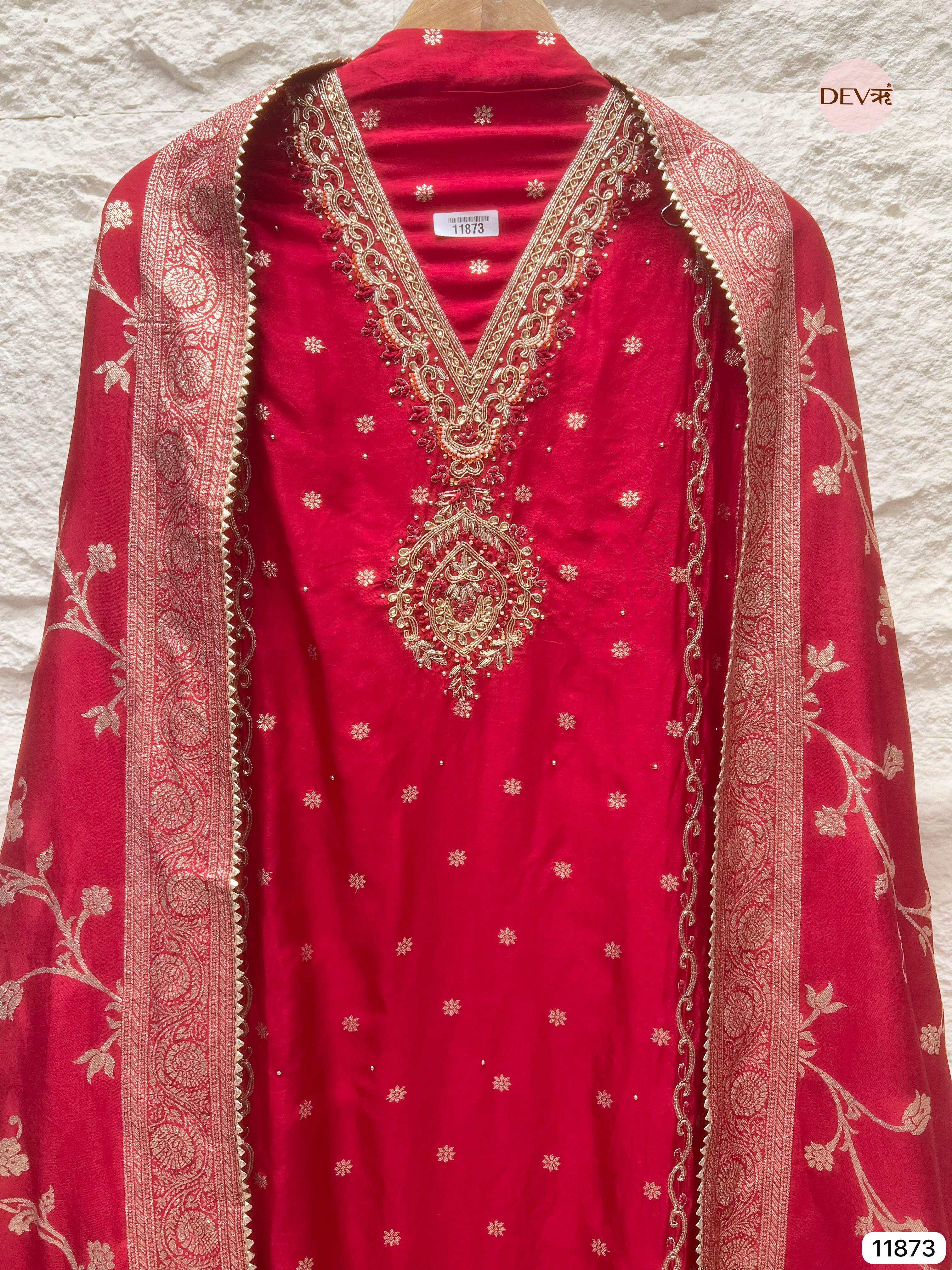 Red Pure Dola Silk Unstitched Banarasi Woven Hand Embroidered -Set Of - {11873}