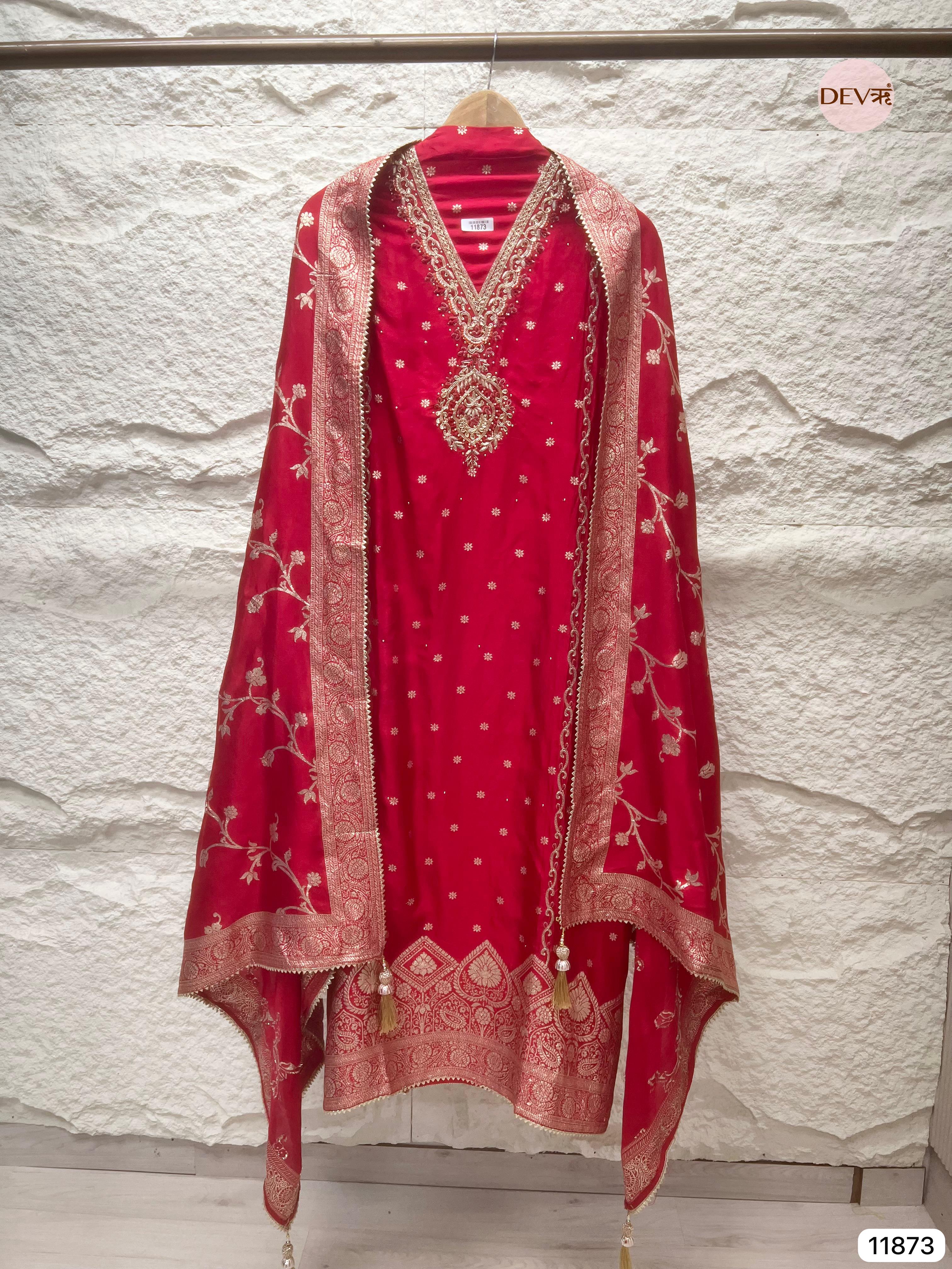 Red Pure Dola Silk Unstitched Banarasi Woven Hand Embroidered -Set Of - {11873}
