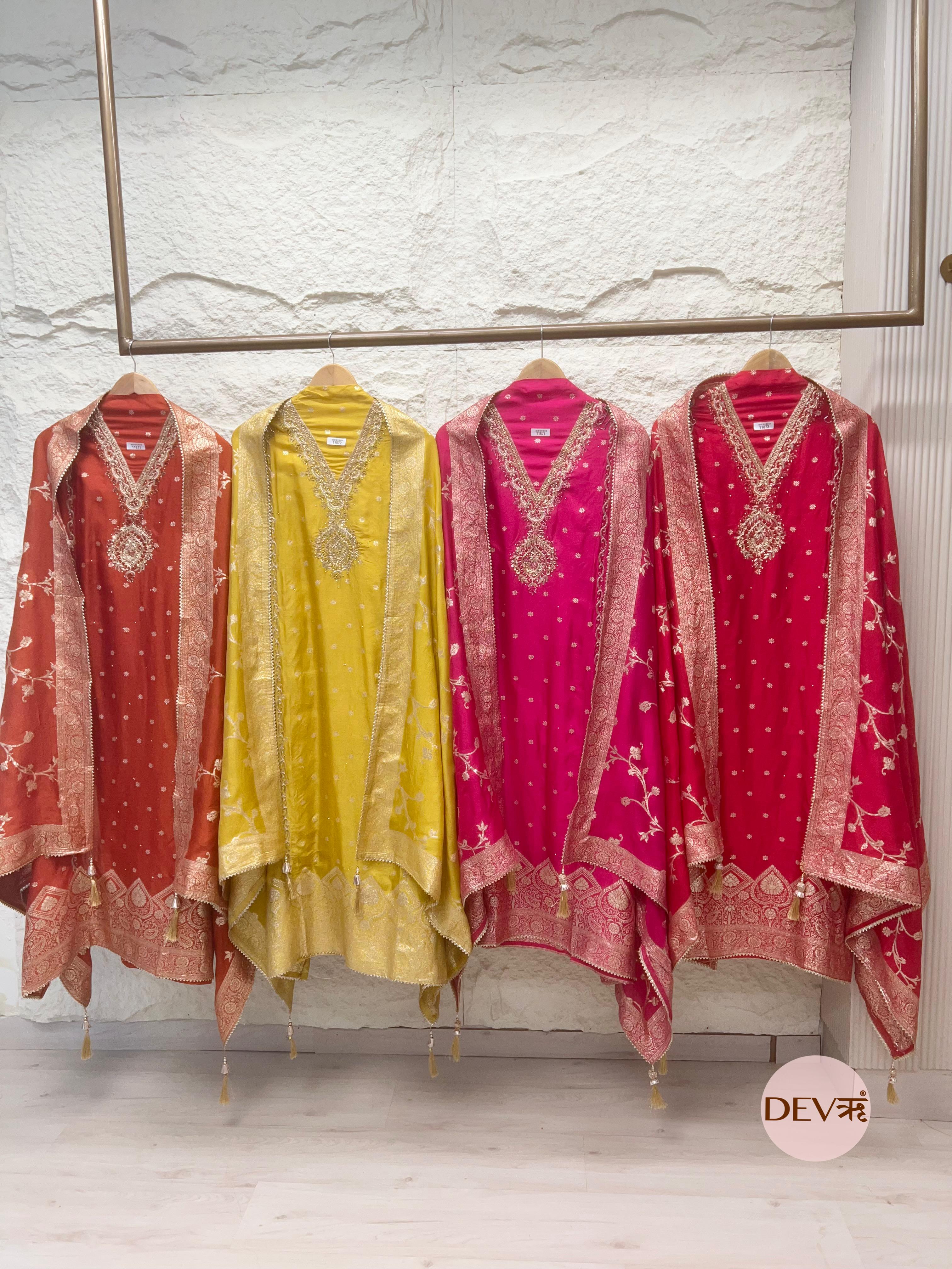 Red Pure Dola Silk Unstitched Banarasi Woven Hand Embroidered -Set Of - {11873}