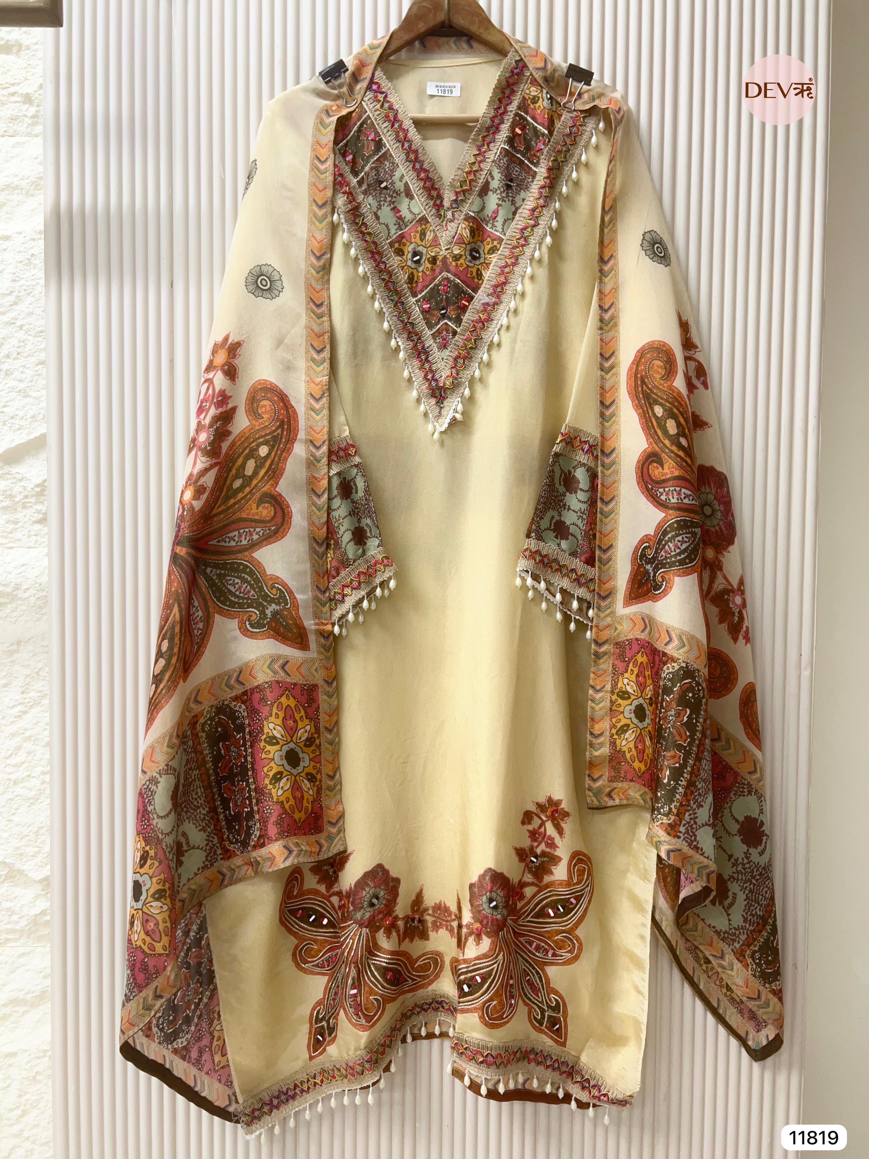 Cream Colour Tissue Shimmer Silk Semi stitched Hand Embroidered -Set Of 3 - {11819}