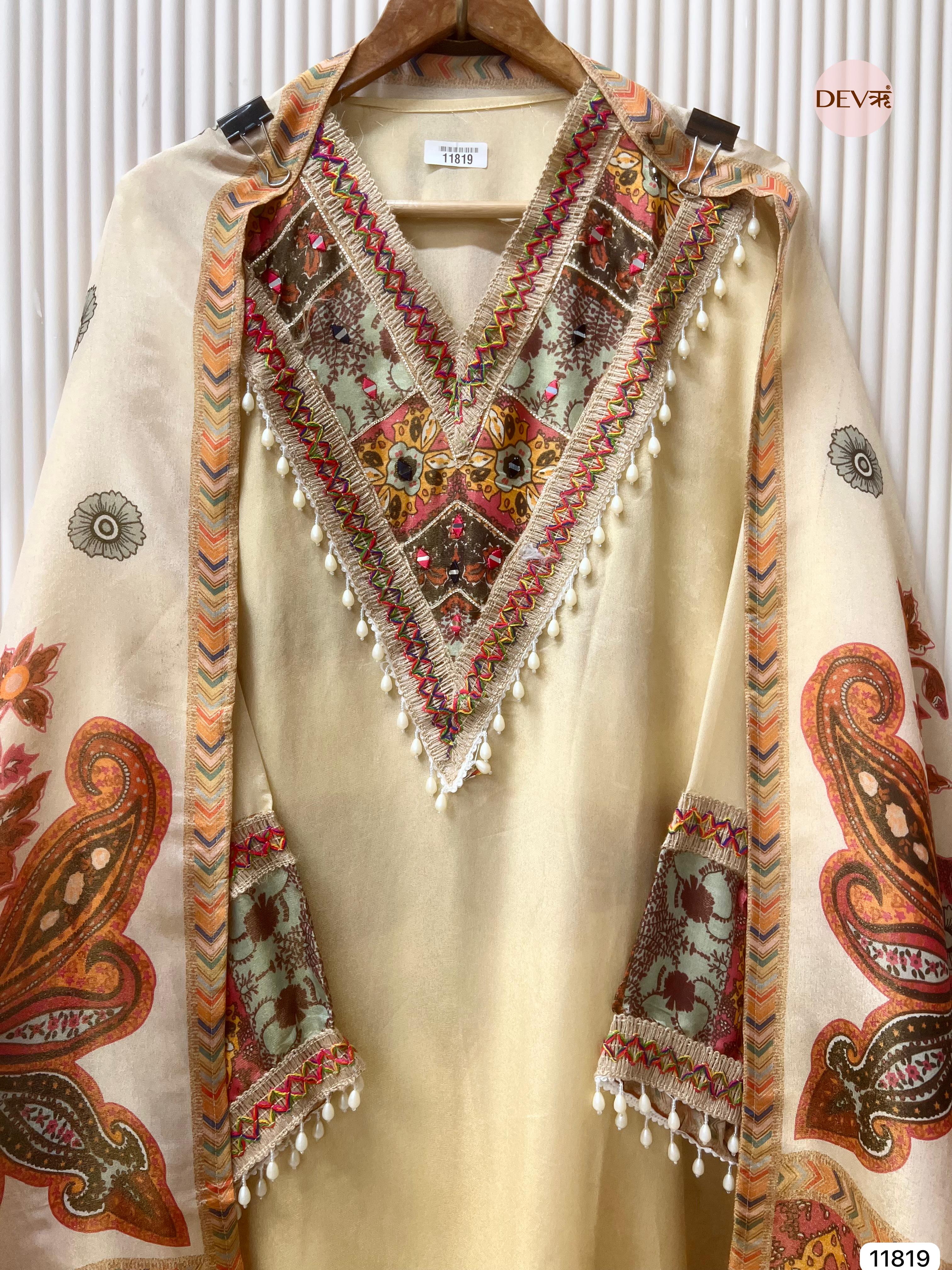 Cream Colour Tissue Shimmer Silk Semi stitched Hand Embroidered -Set Of 3 - {11819}