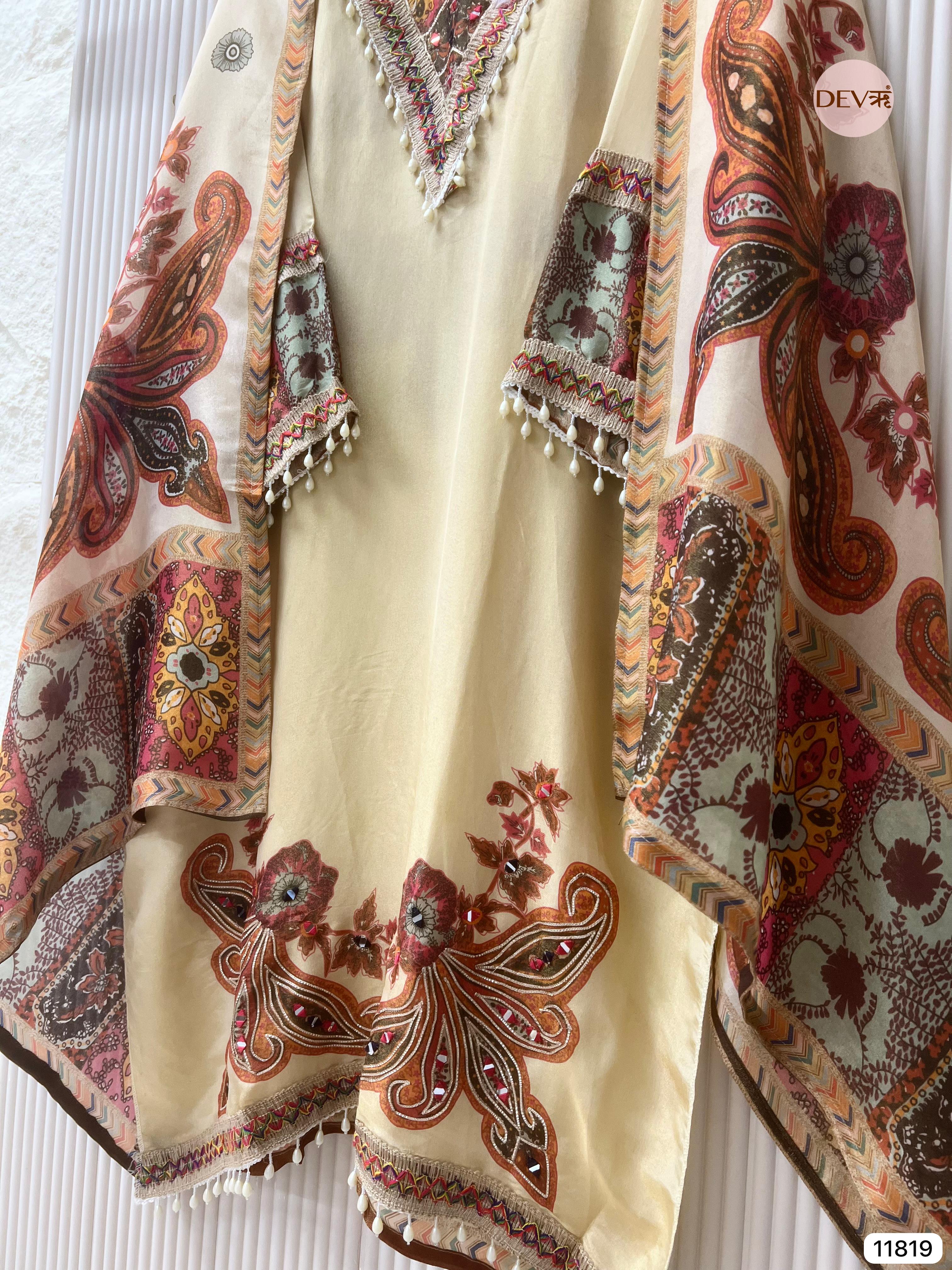 Cream Colour Tissue Shimmer Silk Semi stitched Hand Embroidered -Set Of 3 - {11819}