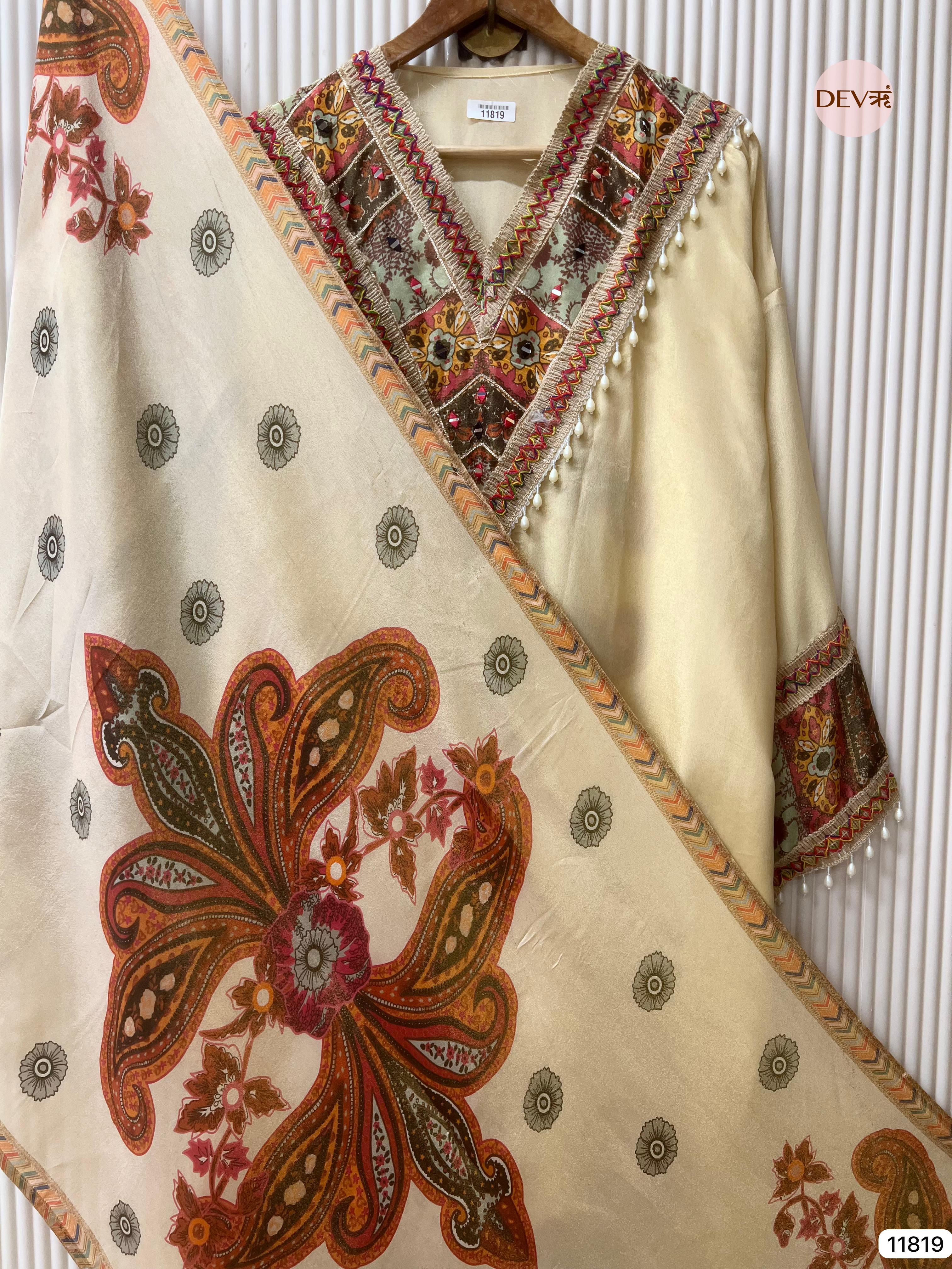 Cream Colour Tissue Shimmer Silk Semi stitched Hand Embroidered -Set Of 3 - {11819}