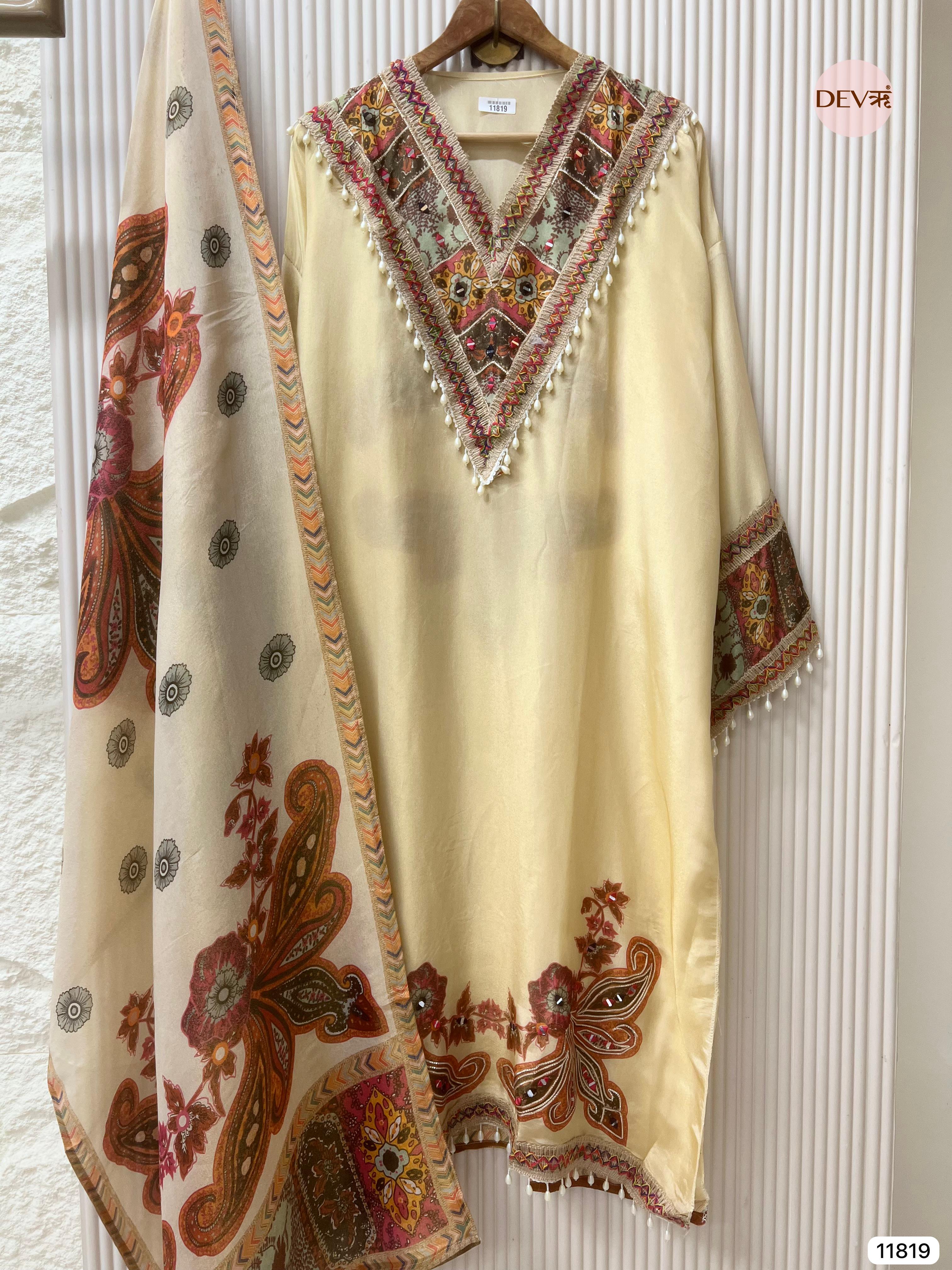 Cream Colour Tissue Shimmer Silk Semi stitched Hand Embroidered -Set Of 3 - {11819}