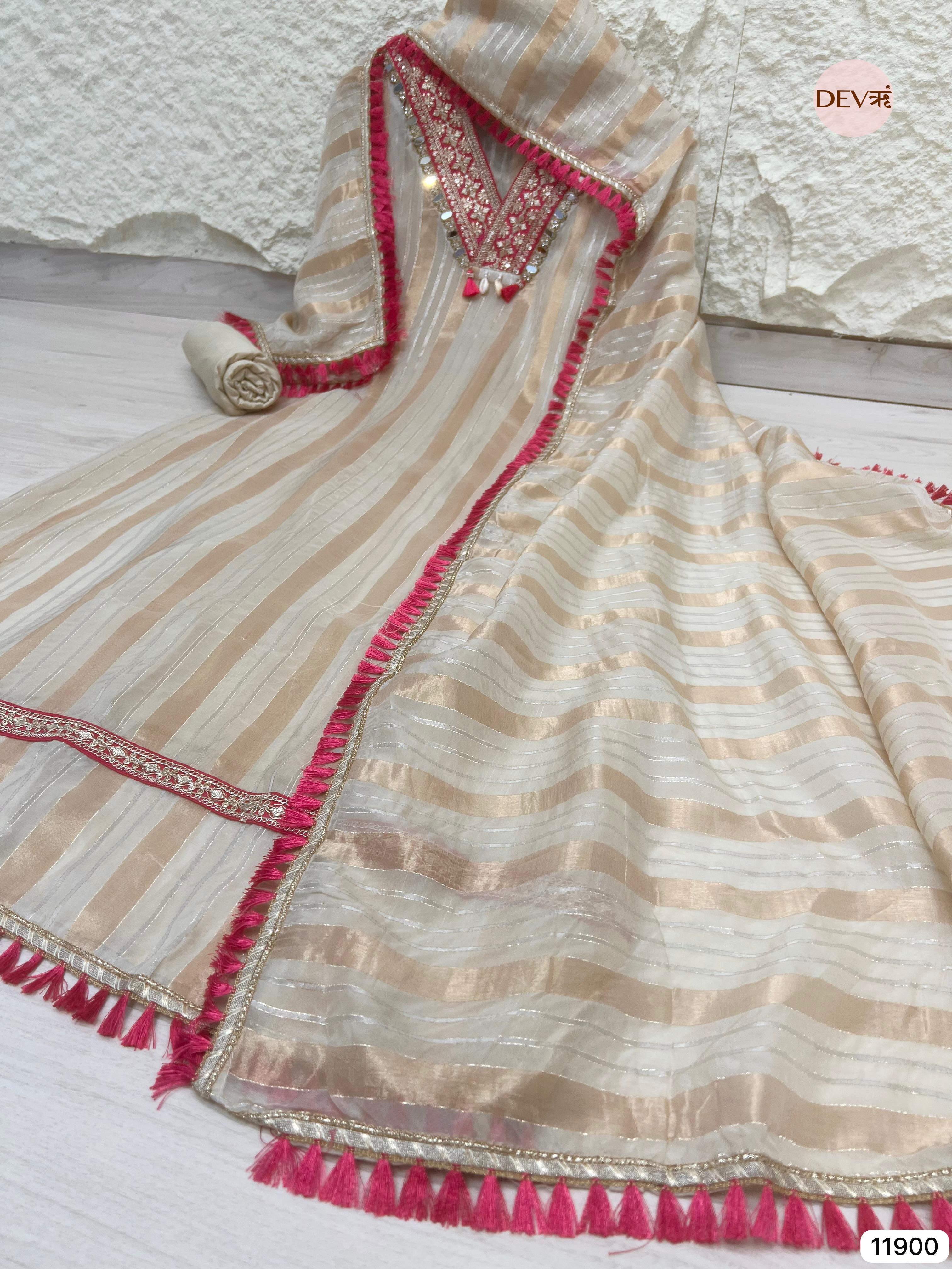 Off White Tissue Shimmer Silk Unstitched Hand Embroidered -Set Of 3- {11900}