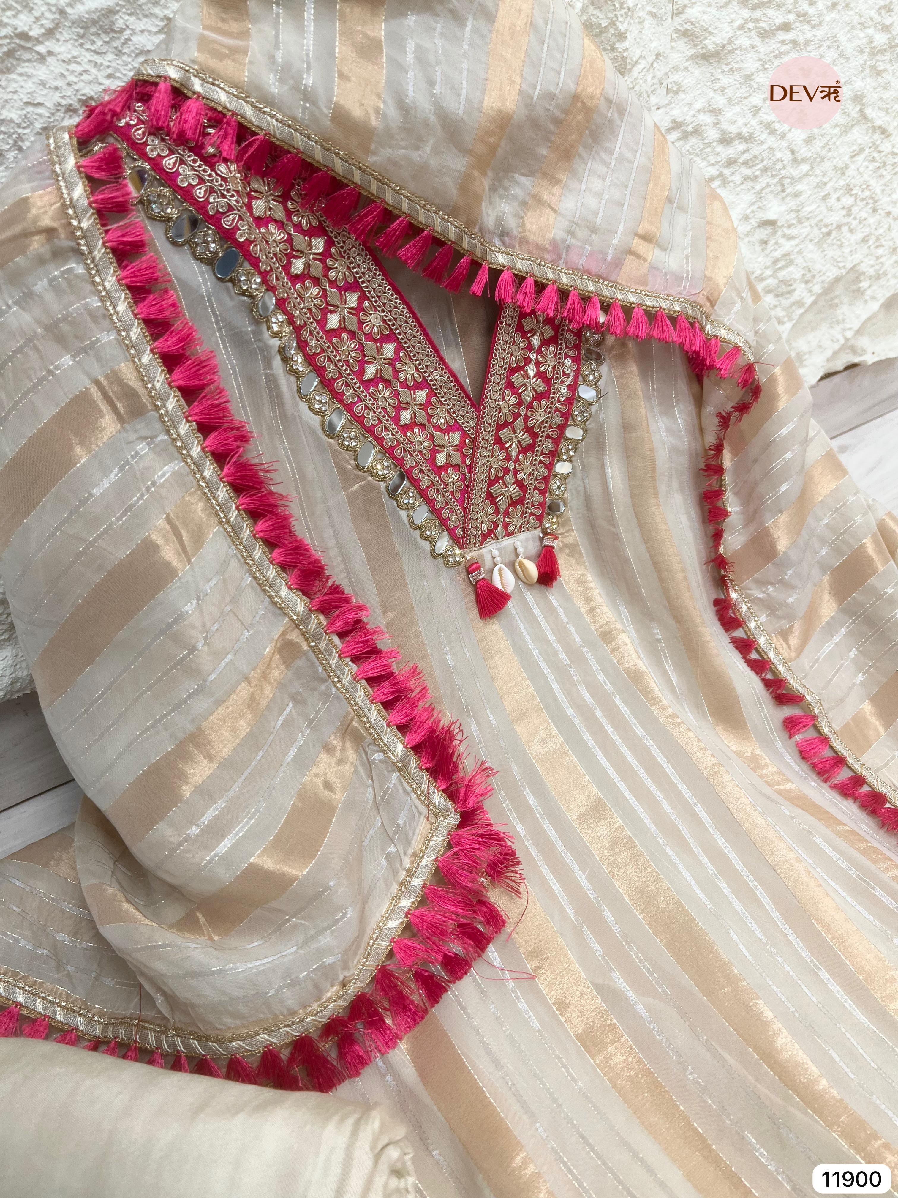 Off White Tissue Shimmer Silk Unstitched Hand Embroidered -Set Of 3- {11900}