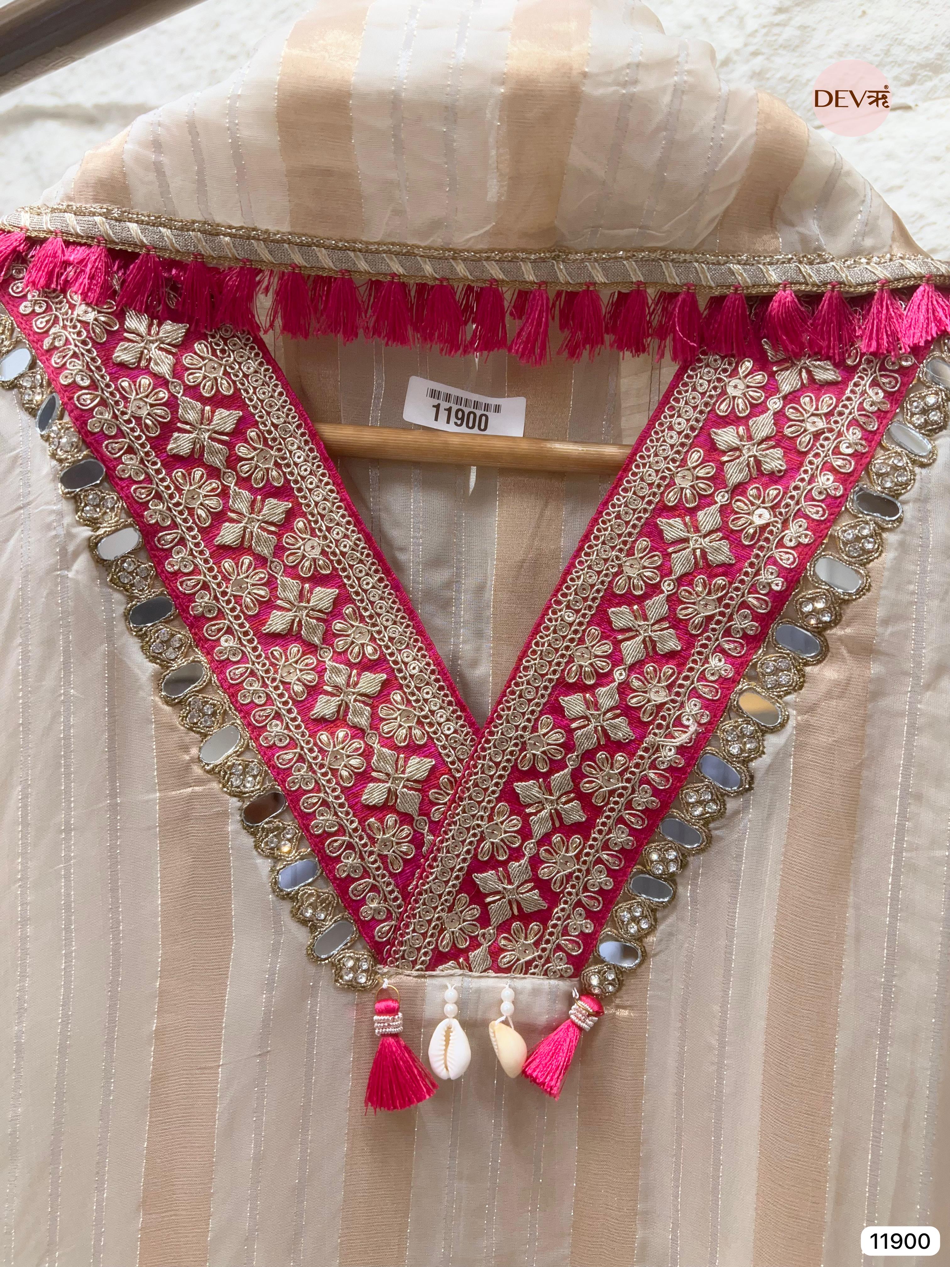 Off White Tissue Shimmer Silk Unstitched Hand Embroidered -Set Of 3- {11900}