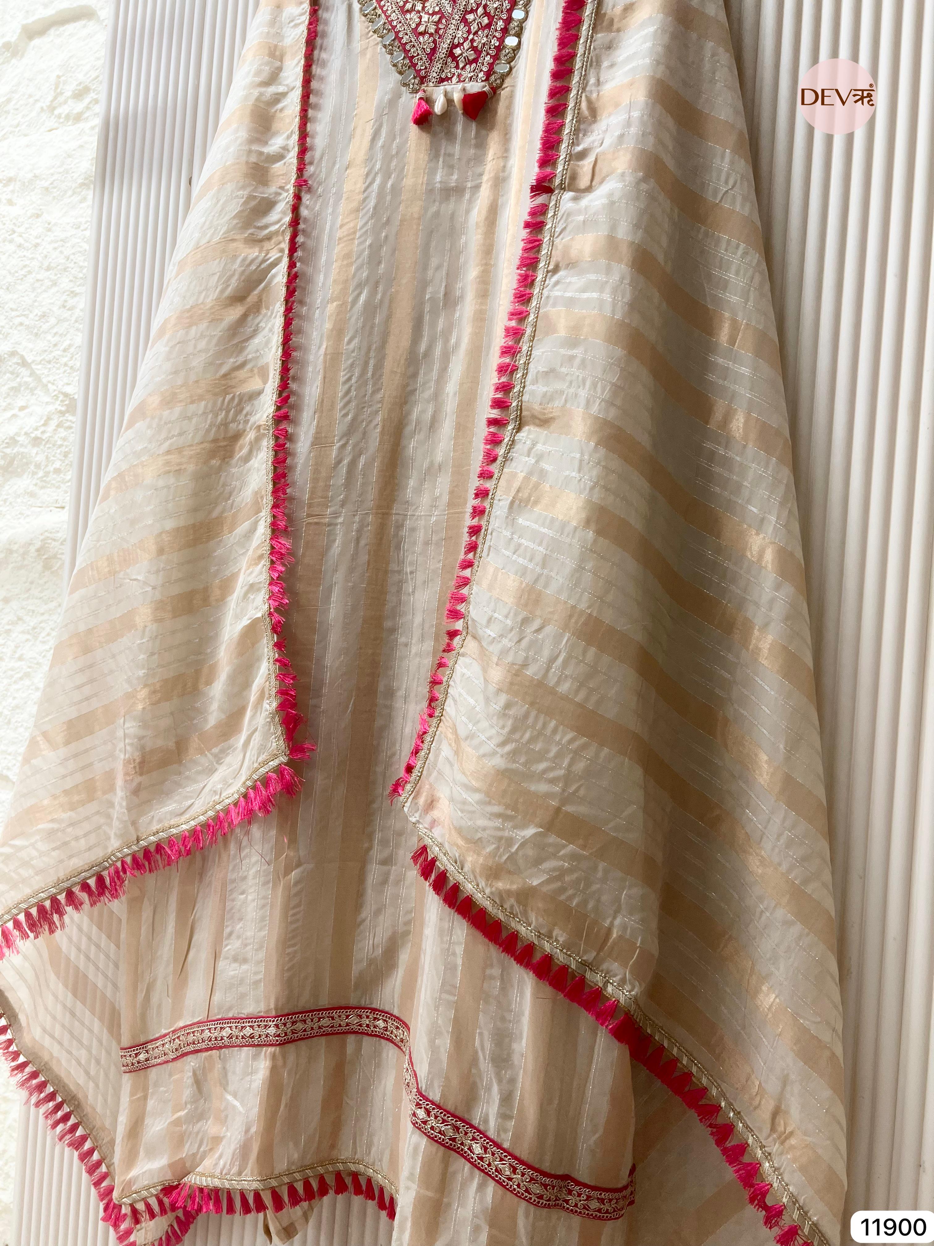 Off White Tissue Shimmer Silk Unstitched Hand Embroidered -Set Of 3- {11900}