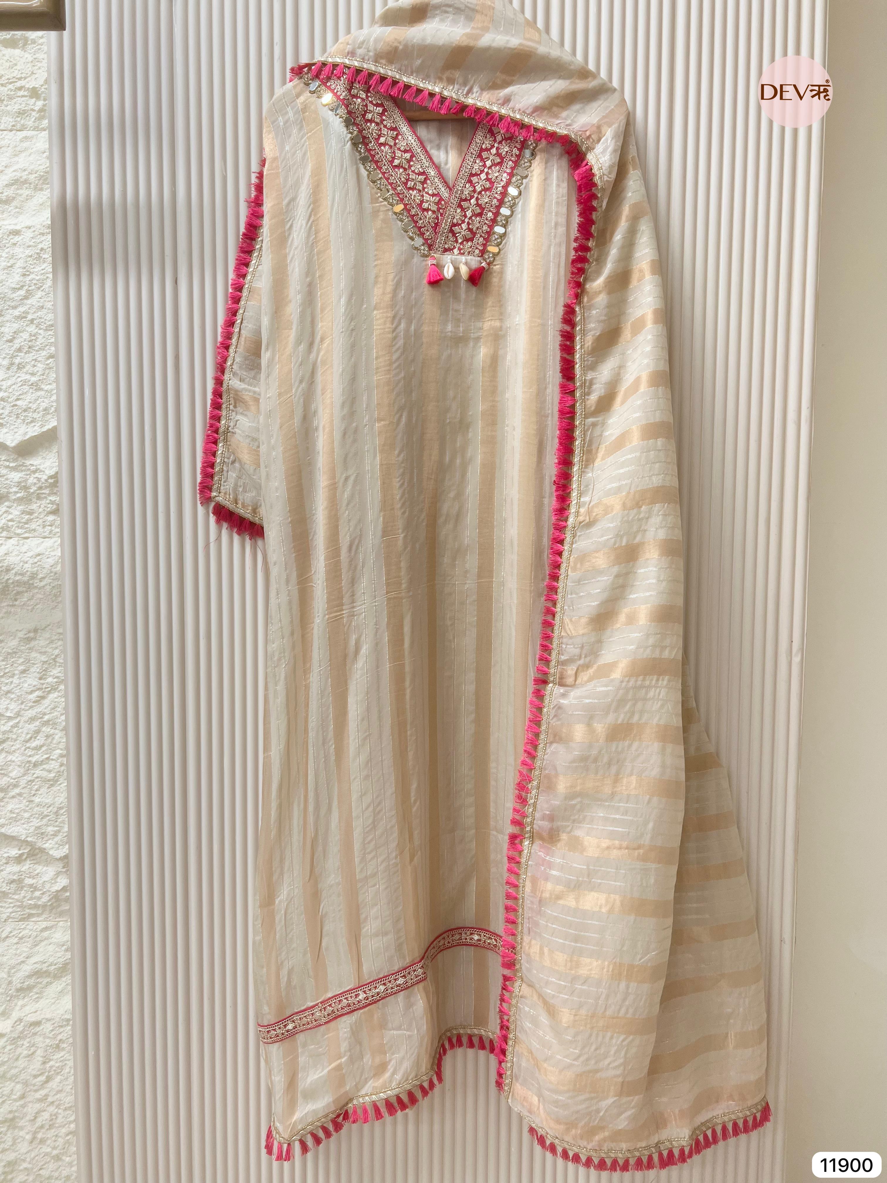 Off White Tissue Shimmer Silk Unstitched Hand Embroidered -Set Of 3- {11900}