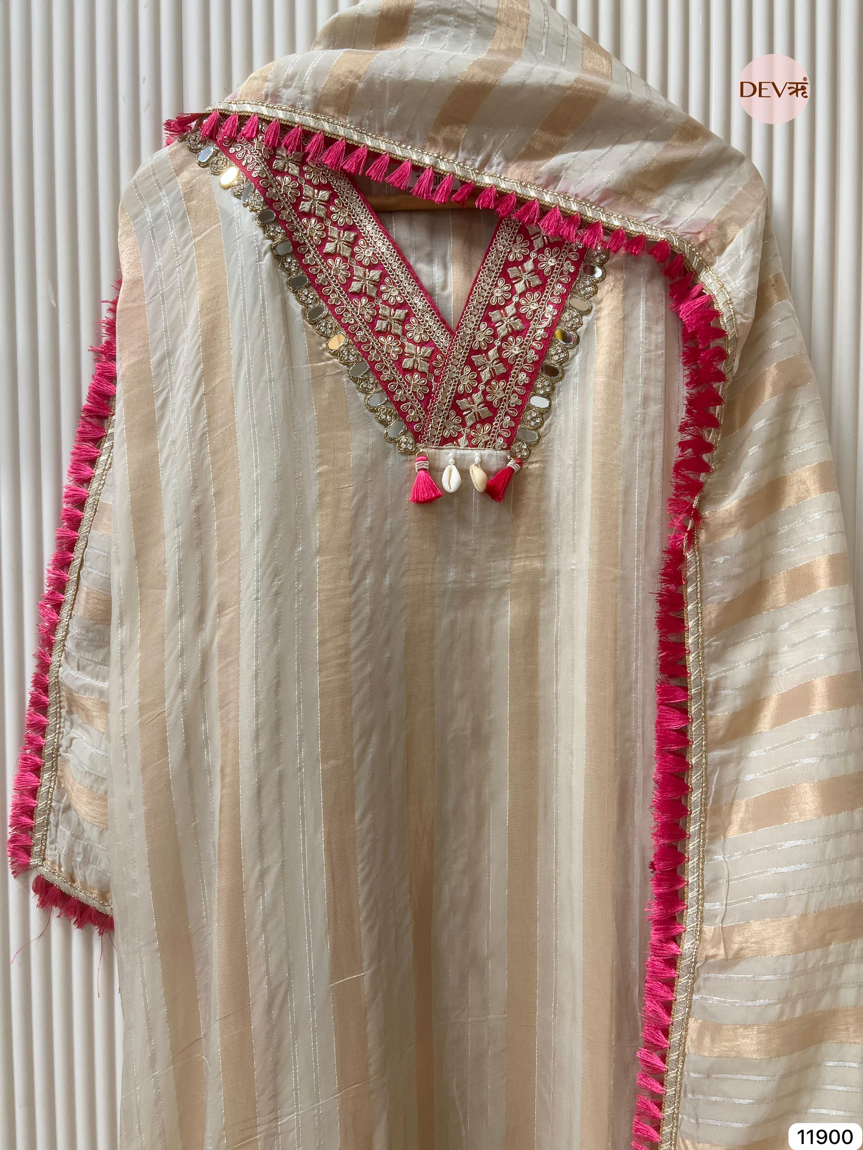 Off White Tissue Shimmer Silk Unstitched Hand Embroidered -Set Of 3- {11900}