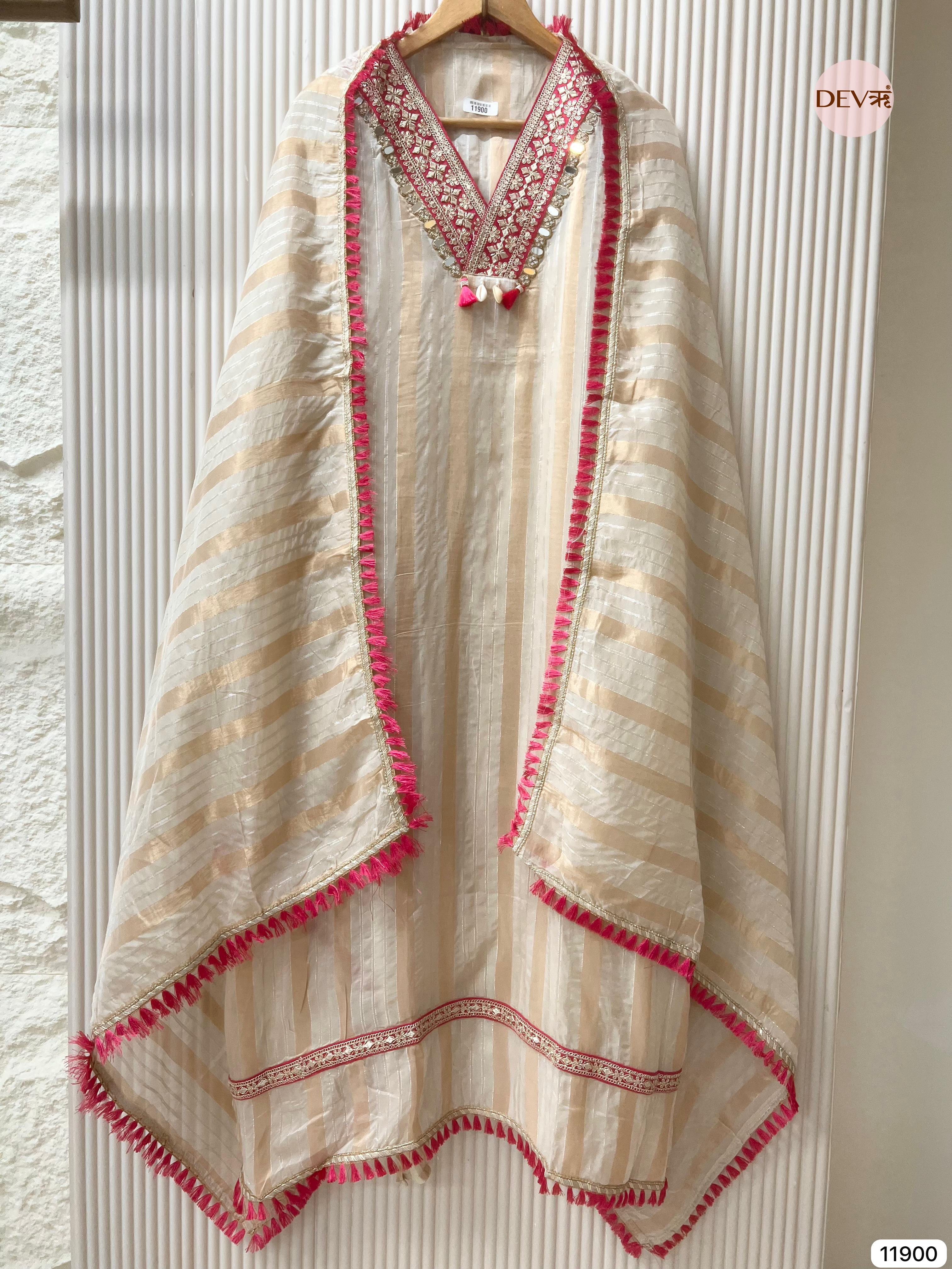 Off White Tissue Shimmer Silk Unstitched Hand Embroidered -Set Of 3- {11900}