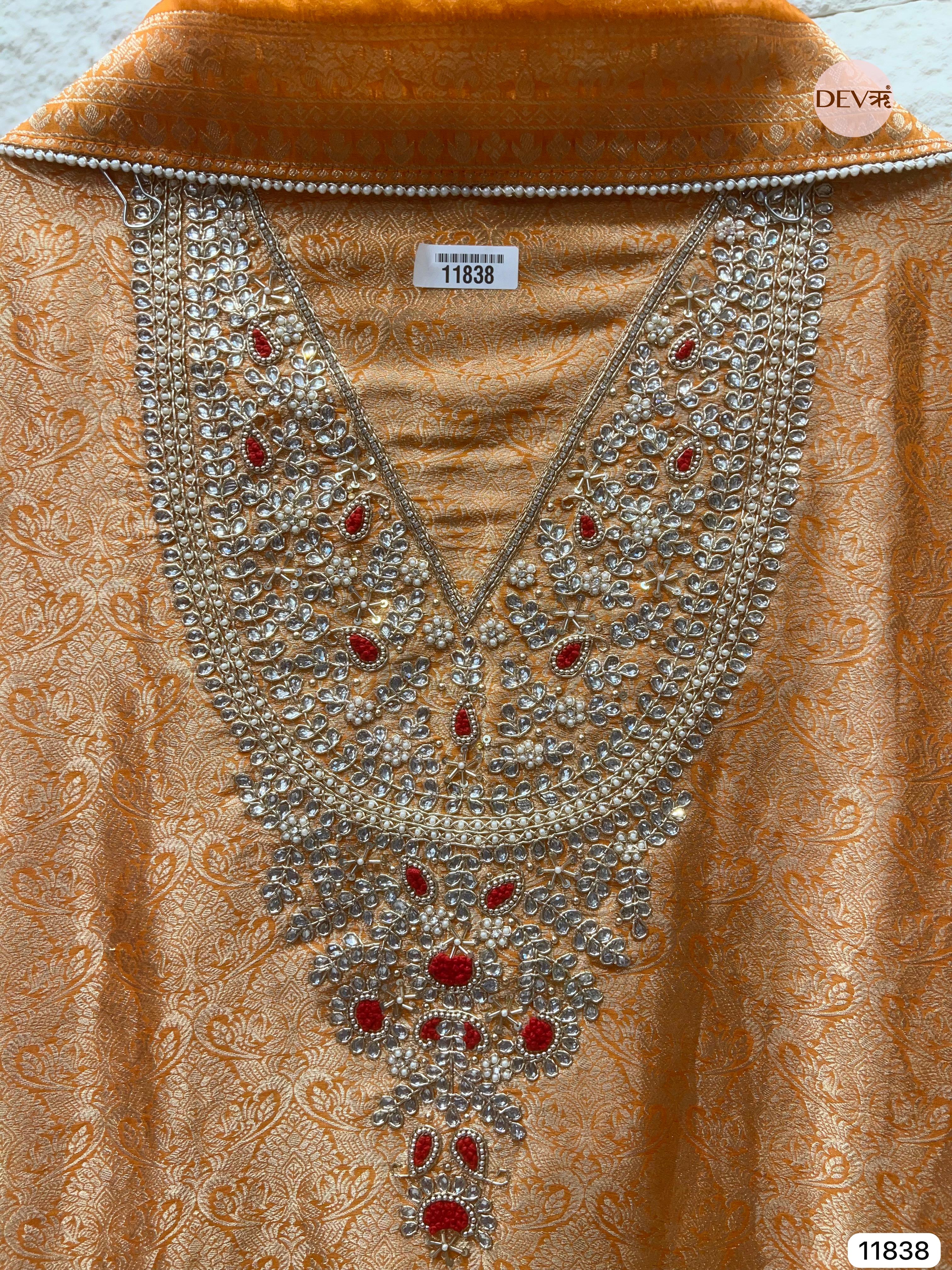 Rust Pure Dola Banarasi Woven Silk Unstitched Hand Embroidered -Set Of 3 - {11838}