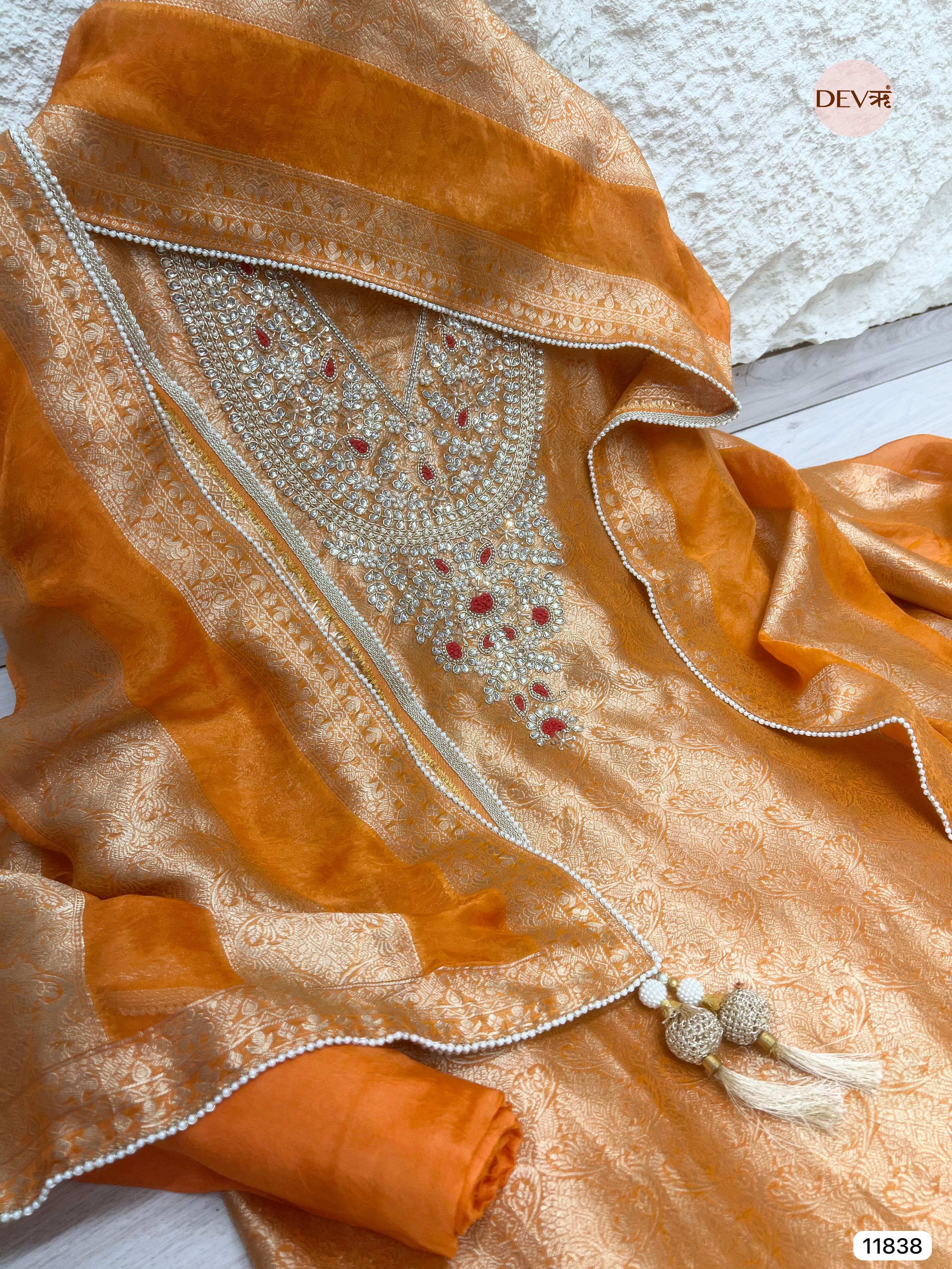 Rust Pure Dola Banarasi Woven Silk Unstitched Hand Embroidered -Set Of 3 - {11838}