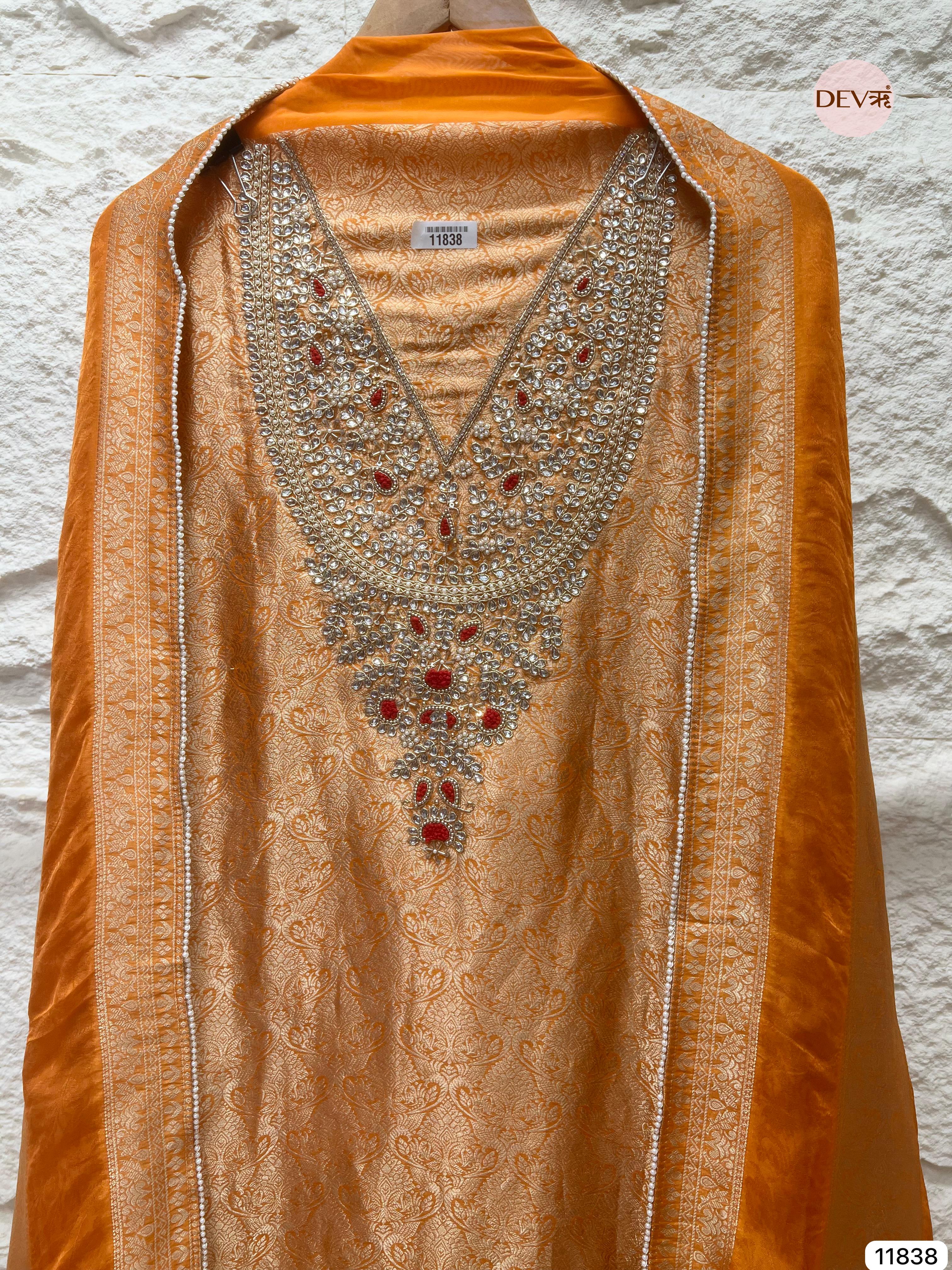 Rust Pure Dola Banarasi Woven Silk Unstitched Hand Embroidered -Set Of 3 - {11838}