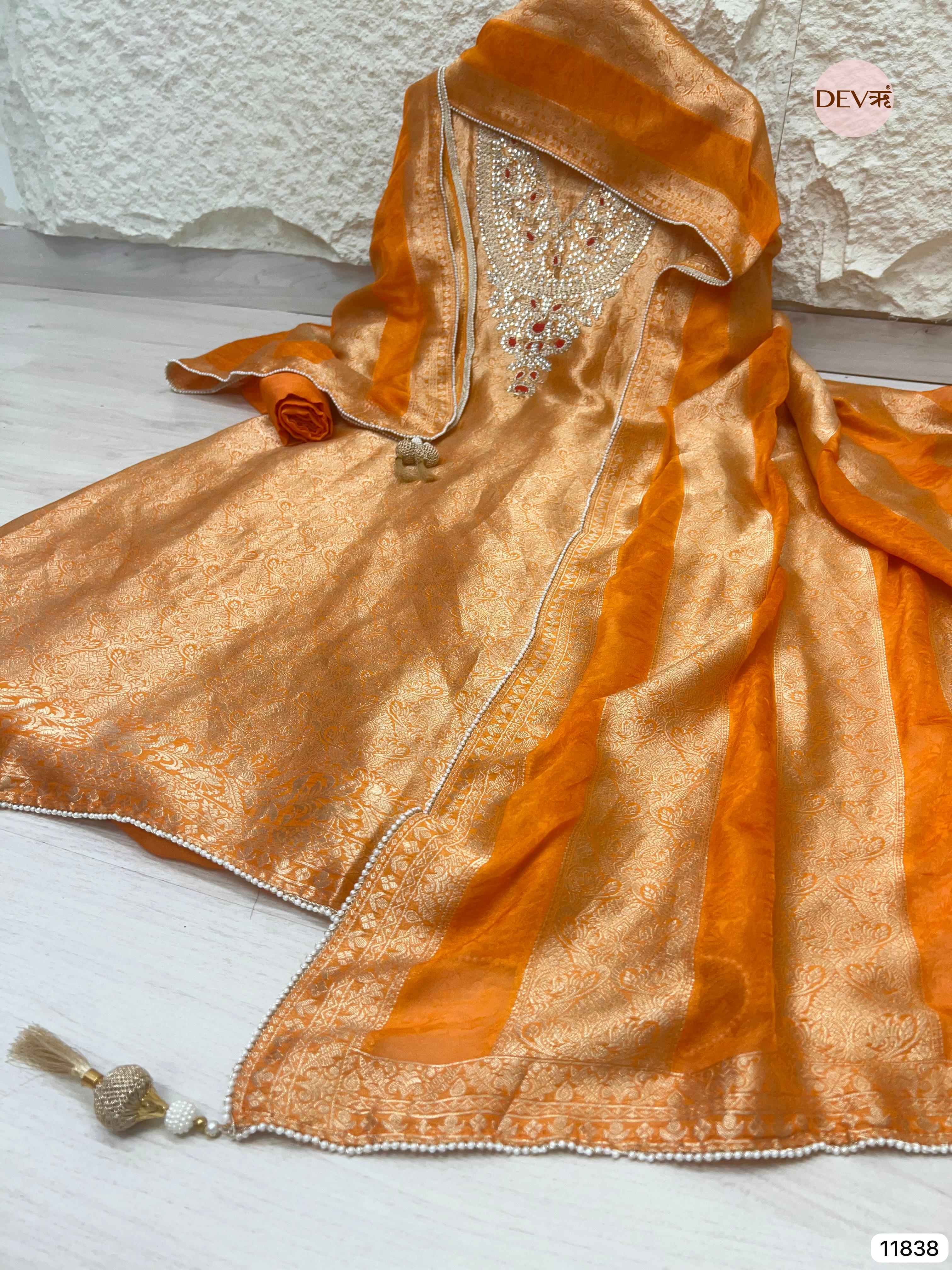 Rust Pure Dola Banarasi Woven Silk Unstitched Hand Embroidered -Set Of 3 - {11838}