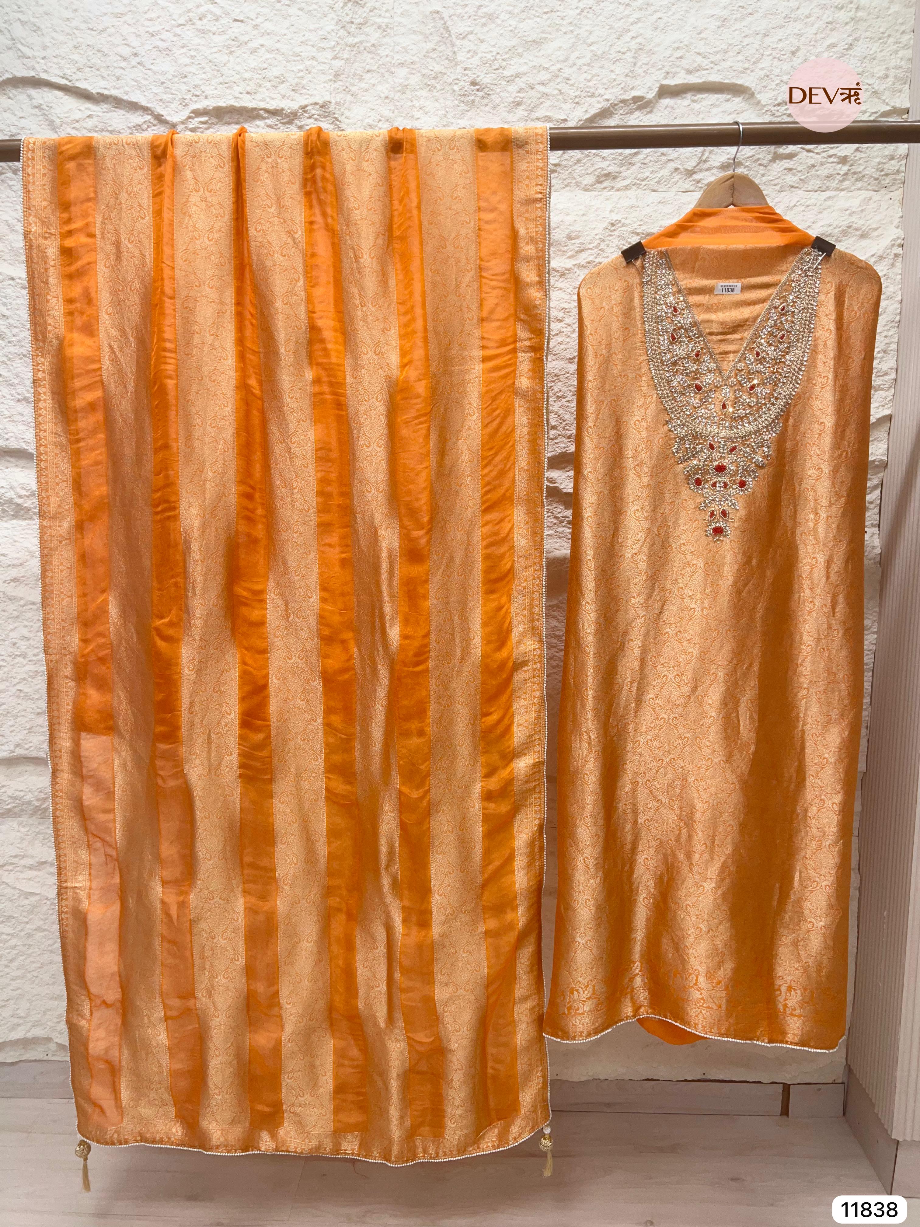 Rust Pure Dola Banarasi Woven Silk Unstitched Hand Embroidered -Set Of 3 - {11838}