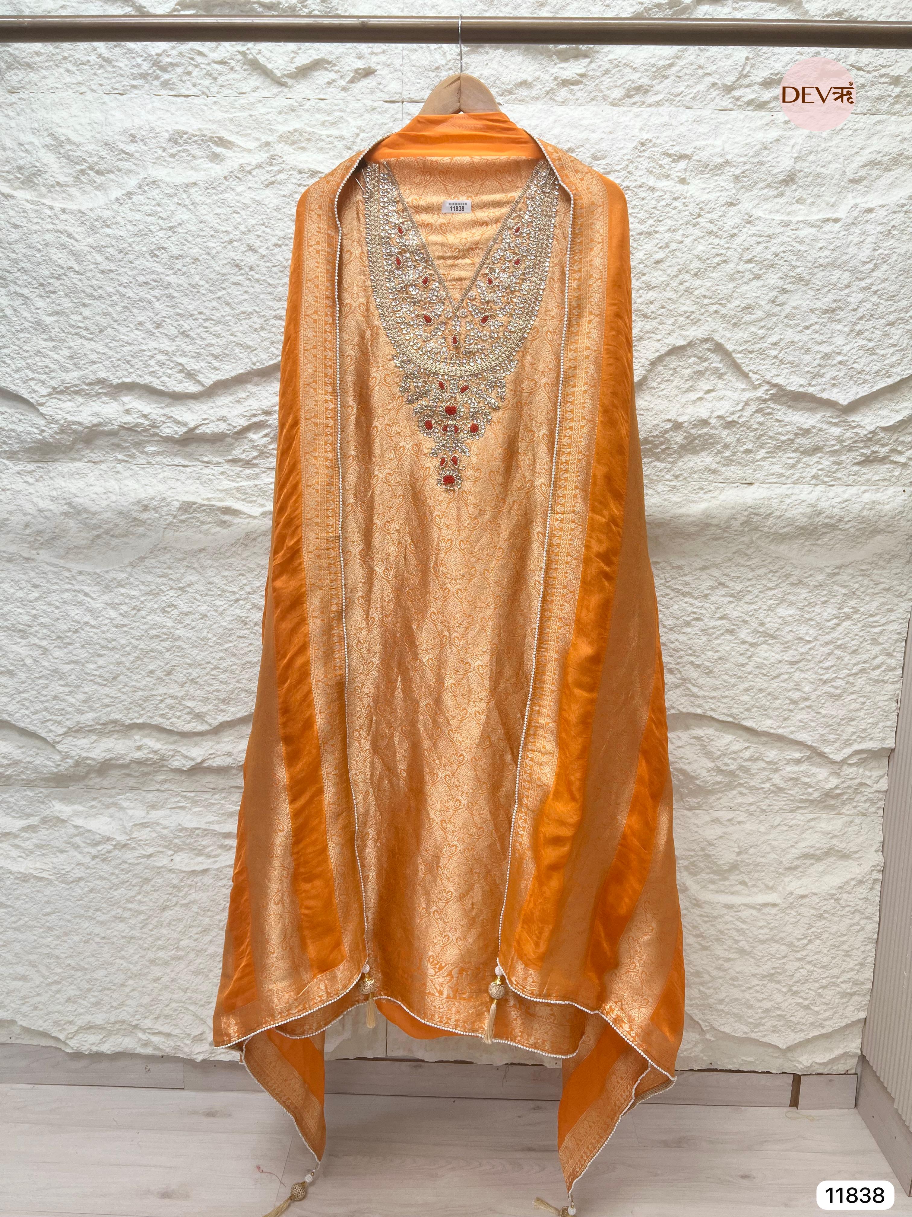 Rust Pure Dola Banarasi Woven Silk Unstitched Hand Embroidered -Set Of 3 - {11838}