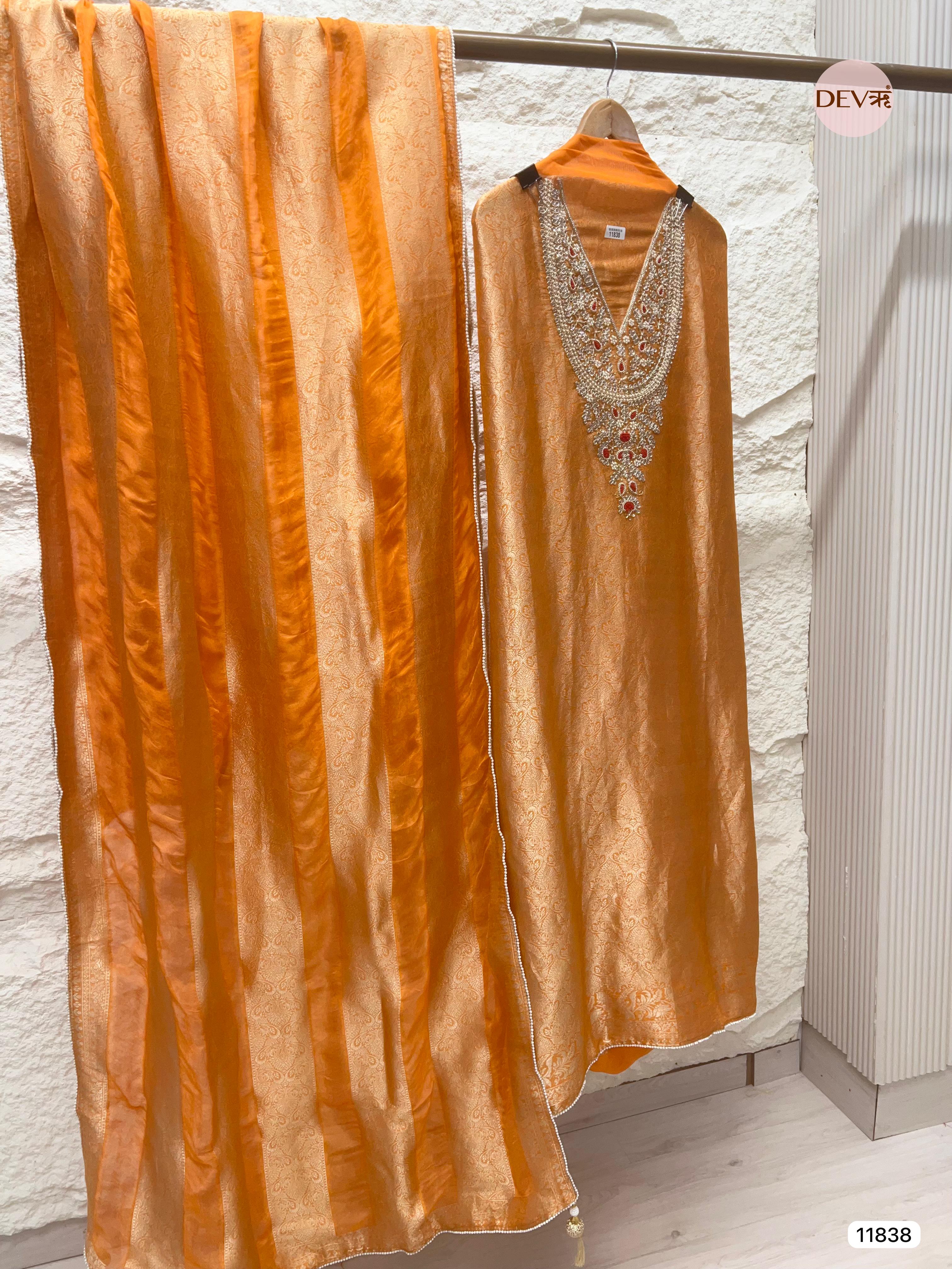 Rust Pure Dola Banarasi Woven Silk Unstitched Hand Embroidered -Set Of 3 - {11838}