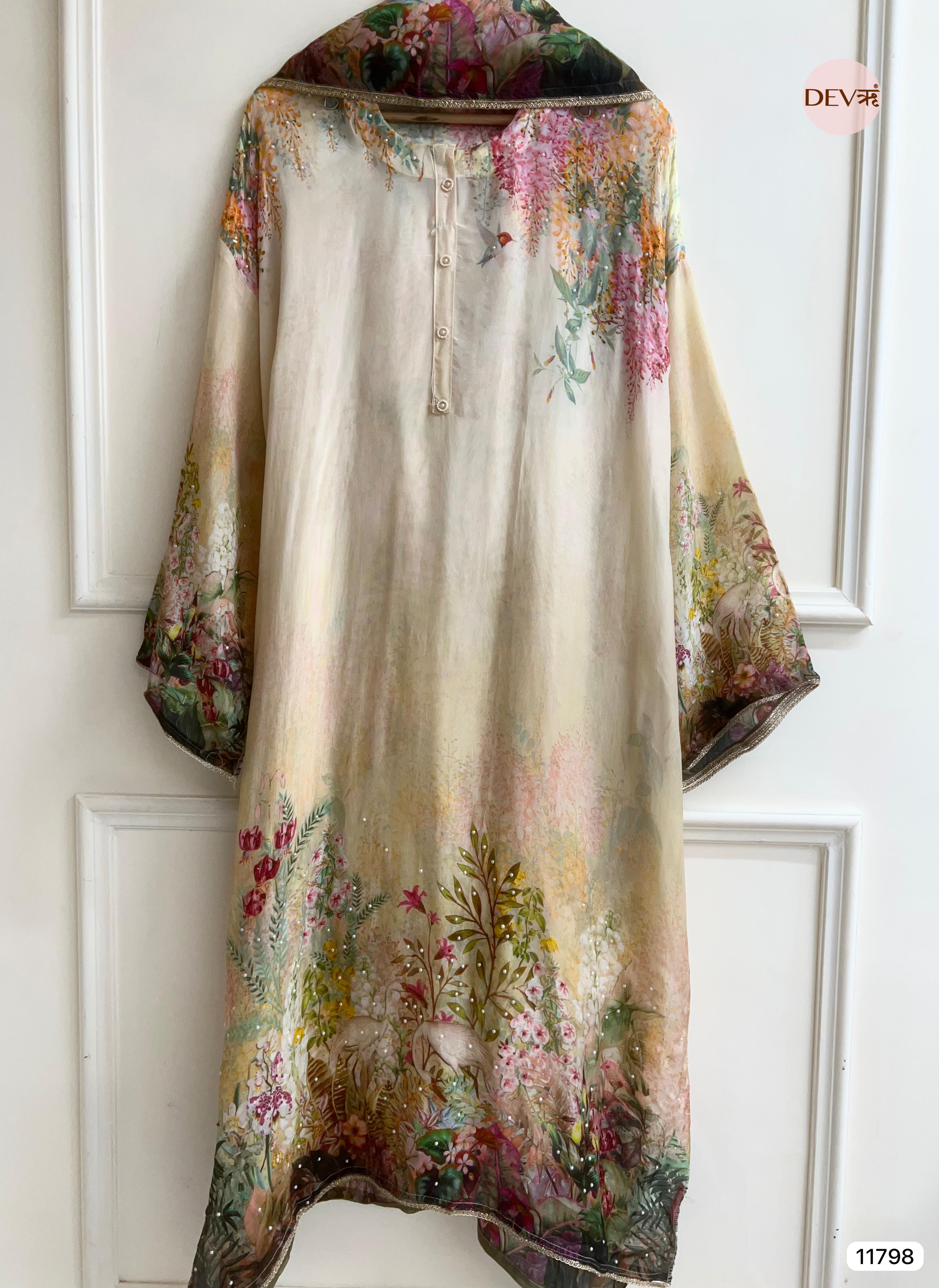 Florenza Organza Silk Semi Stitched Printed Hand Embroidered -Set Of 3 - {11798}