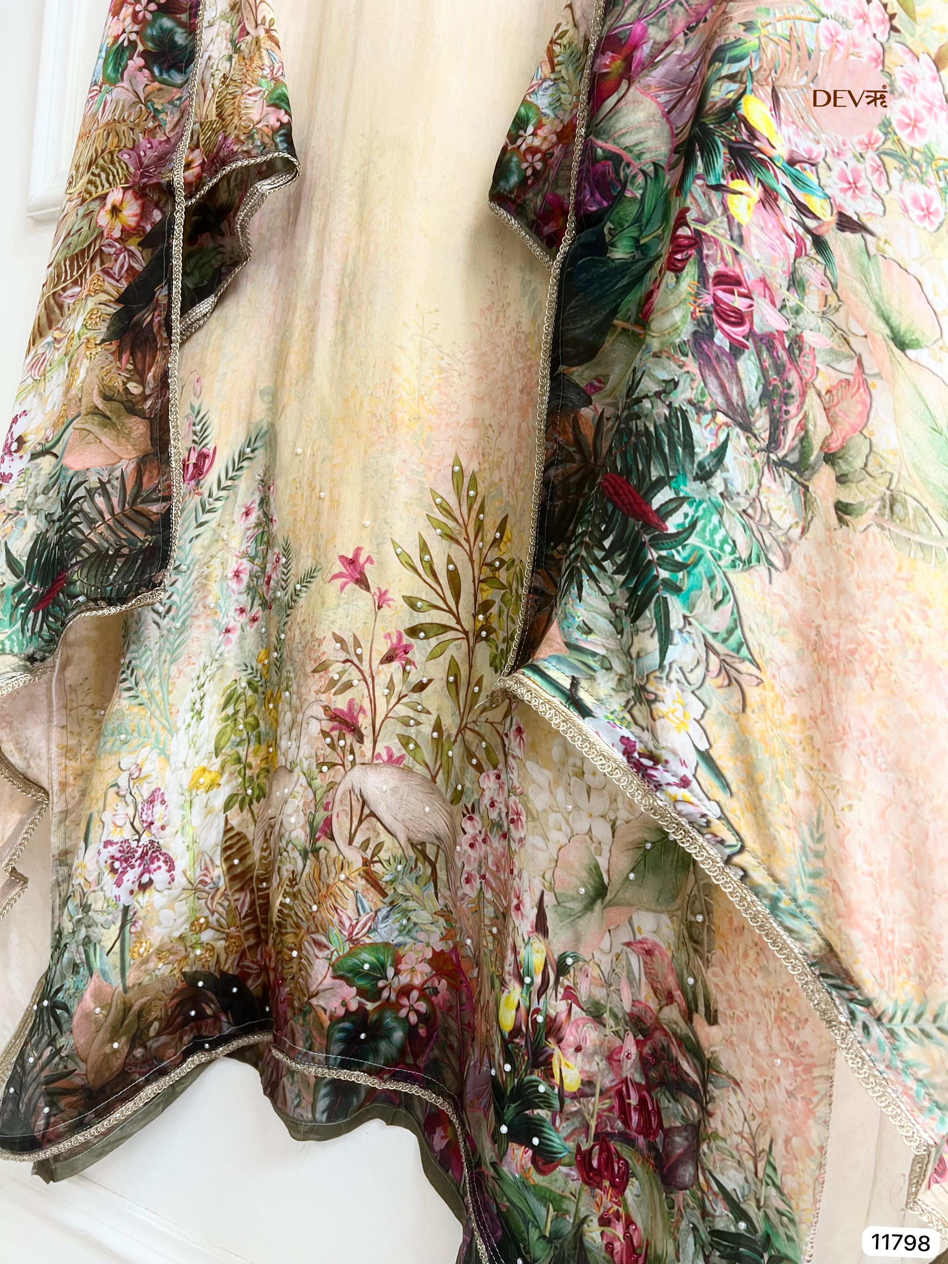 Florenza Organza Silk Semi Stitched Printed Hand Embroidered -Set Of 3 - {11798}