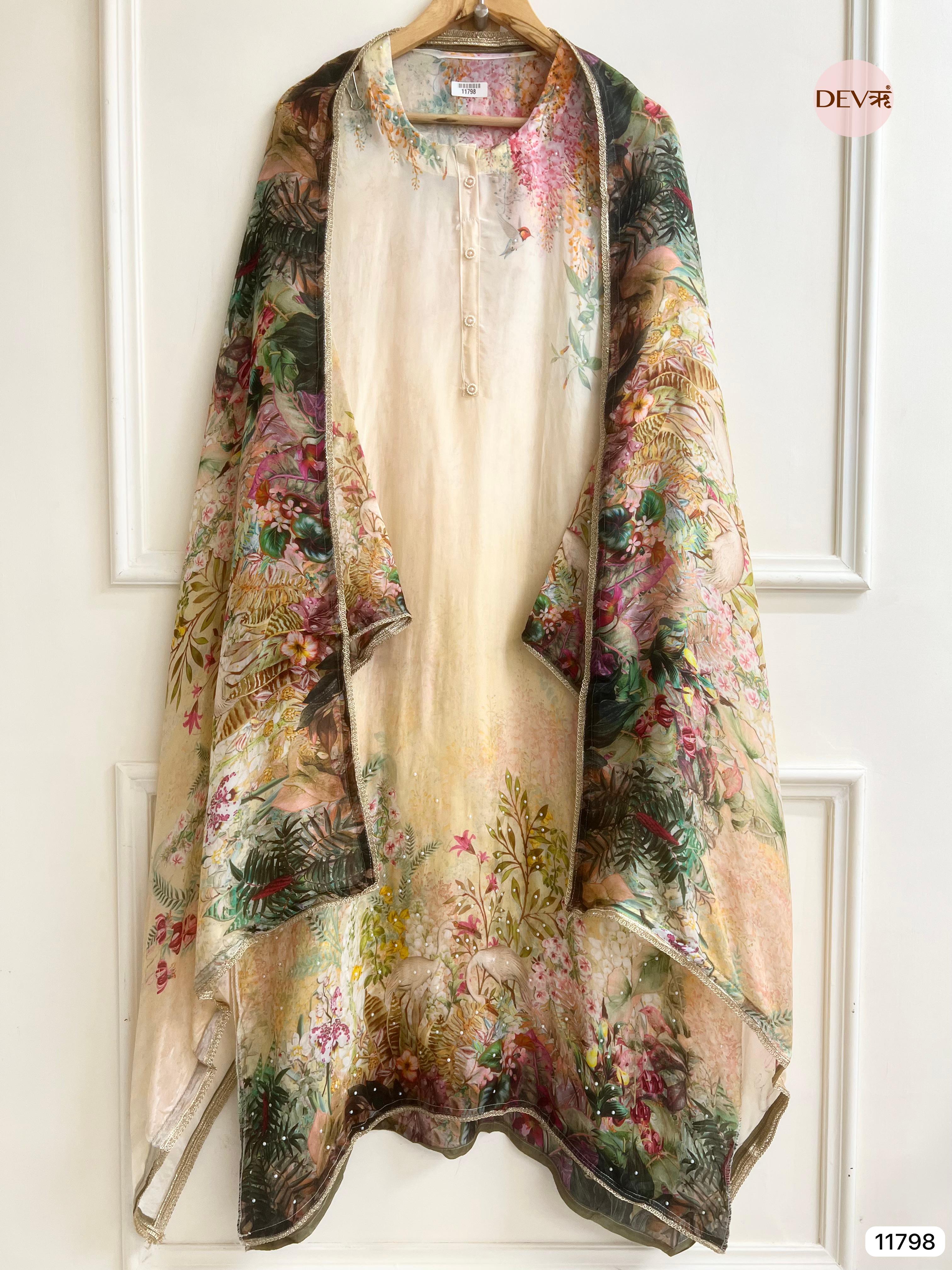 Florenza Organza Silk Semi Stitched Printed Hand Embroidered -Set Of 3 - {11798}